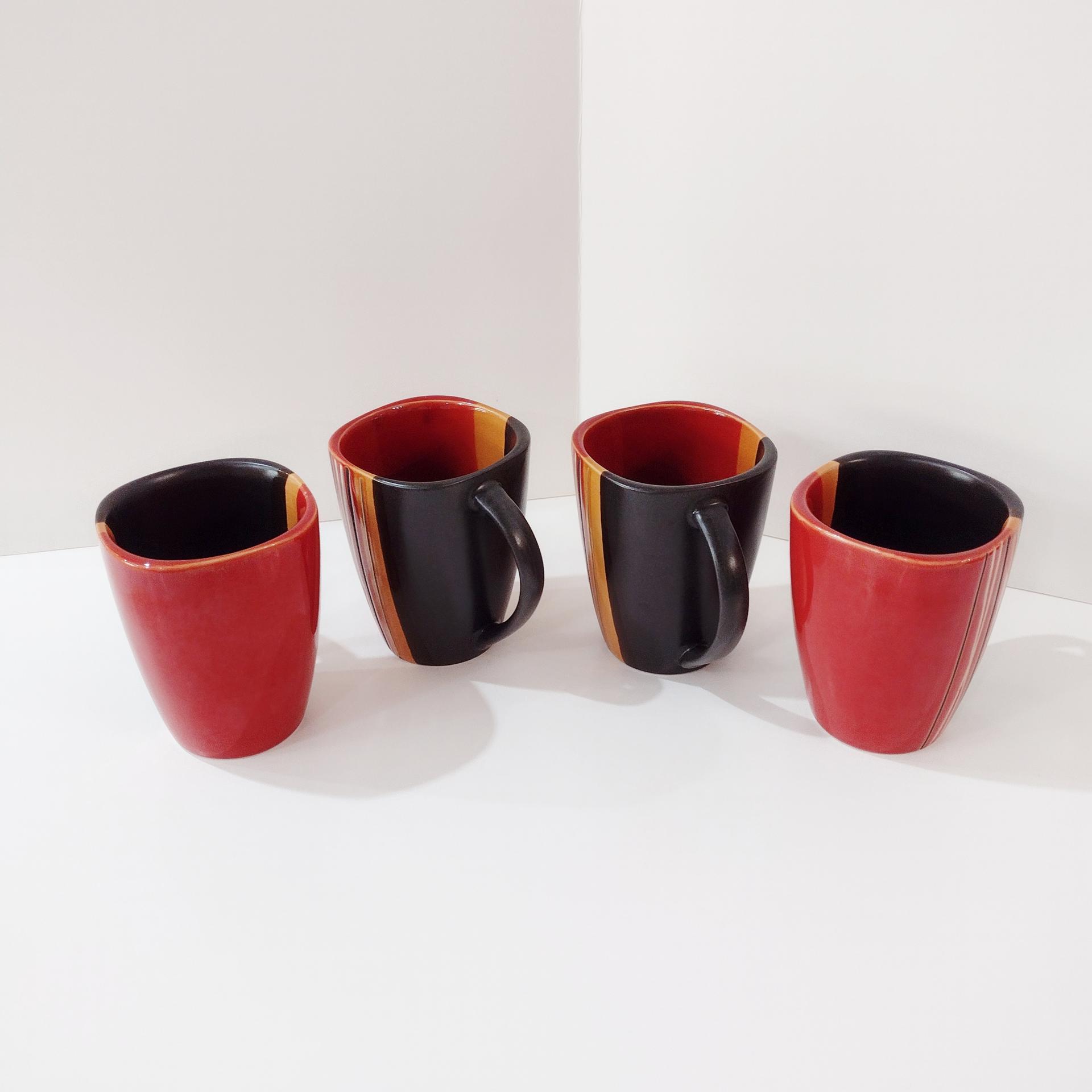 Striped Stoneware Coffee Tea Mugs, Set of Four,  Home Trends Bazaar Red Mugs