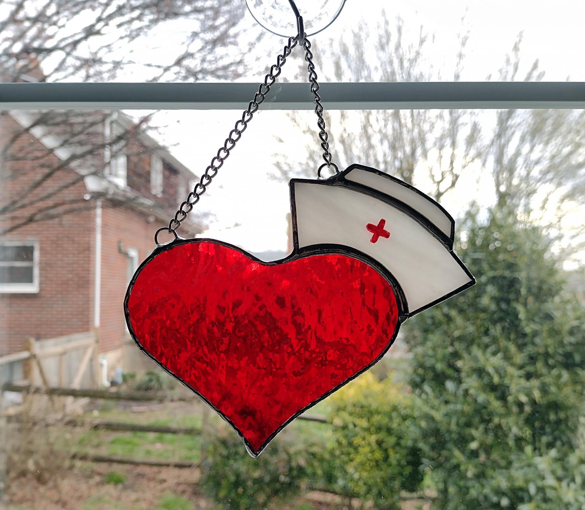 I Love Nurses Stained Glass Suncatcher, Heart with Nurse Cap