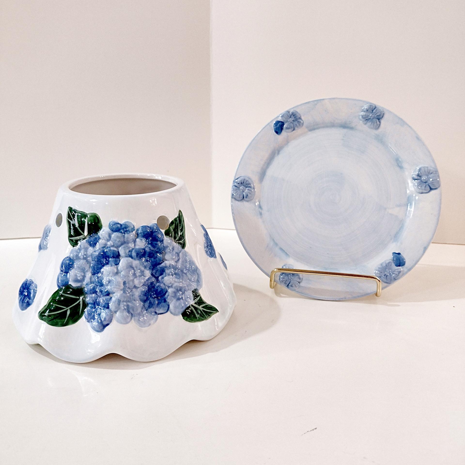 Vintage Hydrangea Floral Ceramic Shade Jar Candle Topper and Under Plate