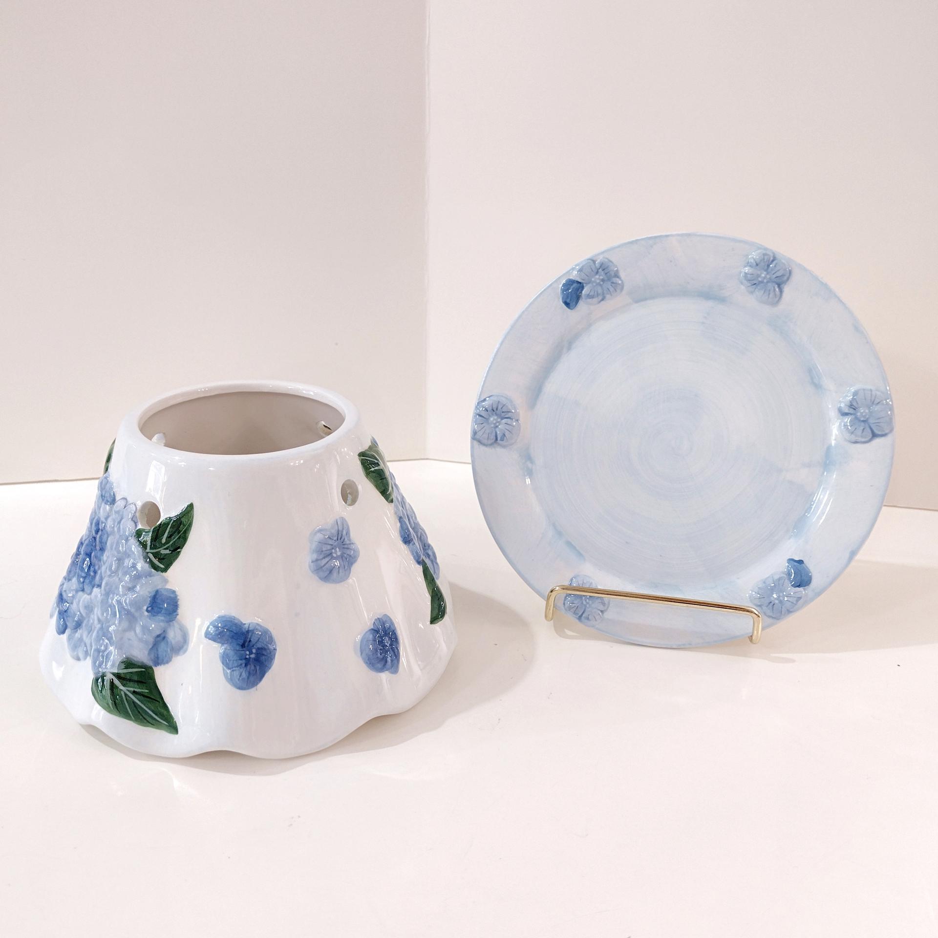 Vintage Hydrangea Floral Ceramic Shade Jar Candle Topper and Under Plate