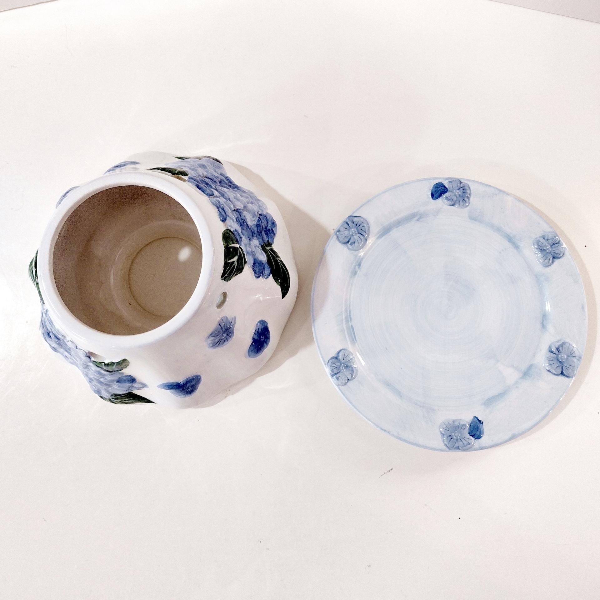 Vintage Hydrangea Floral Ceramic Shade Jar Candle Topper and Under Plate
