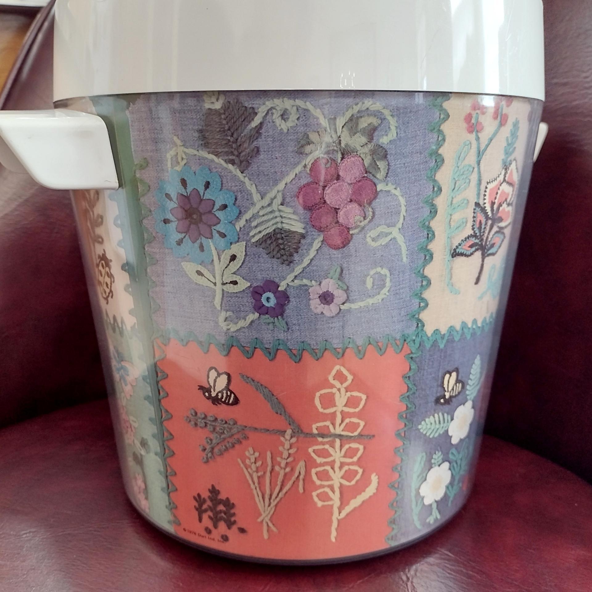 Vintage West Bend Thermo-Serve Insulated Ice Bucket, Embroidered Patchwork Design, 1970's Retro Barware