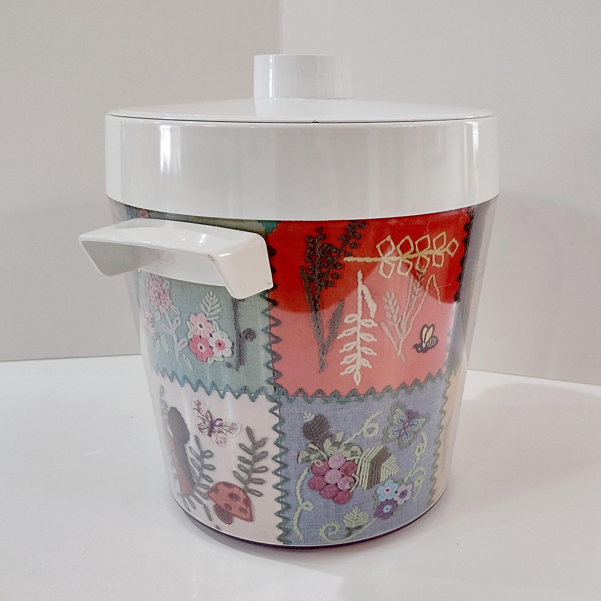 Vintage West Bend Thermo-Serve Insulated Ice Bucket, Embroidered Patchwork Design, 1970's Retro Barware