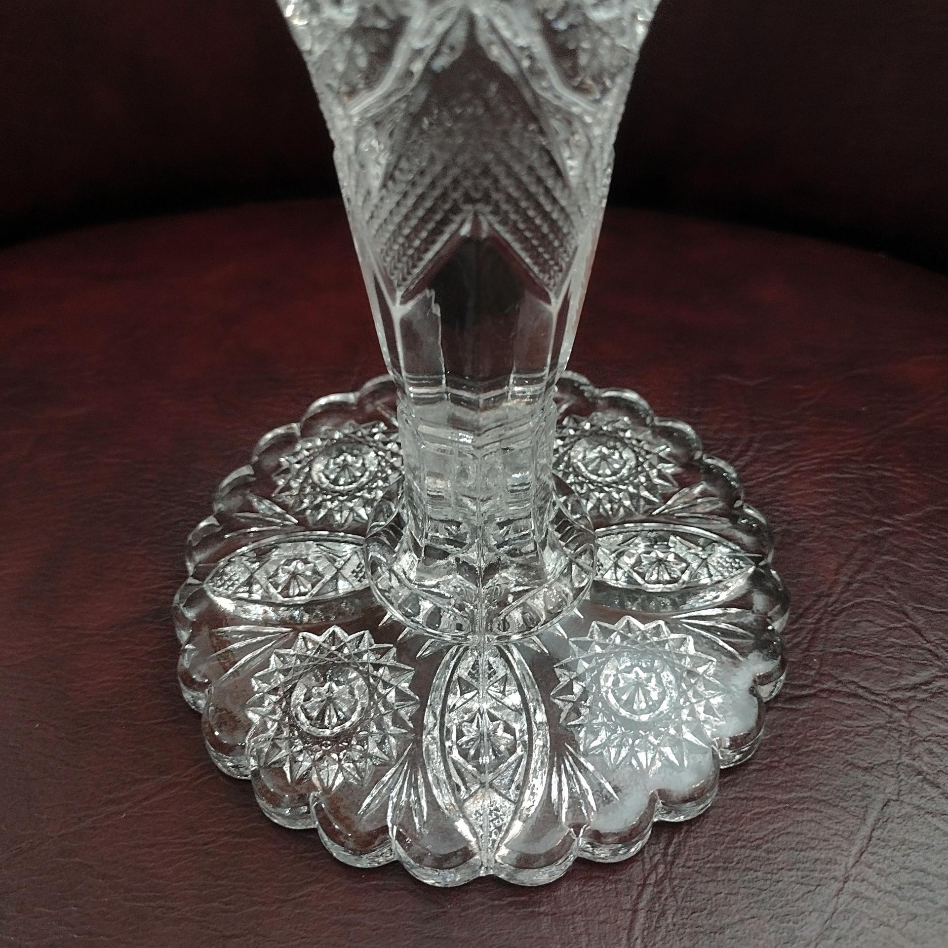 Vintage Imperial NuCut 404 Thunderbolt Nine Inch Clear Glass Bouquet Vase, Imperial Glass Collectors Crystal Series Vase
