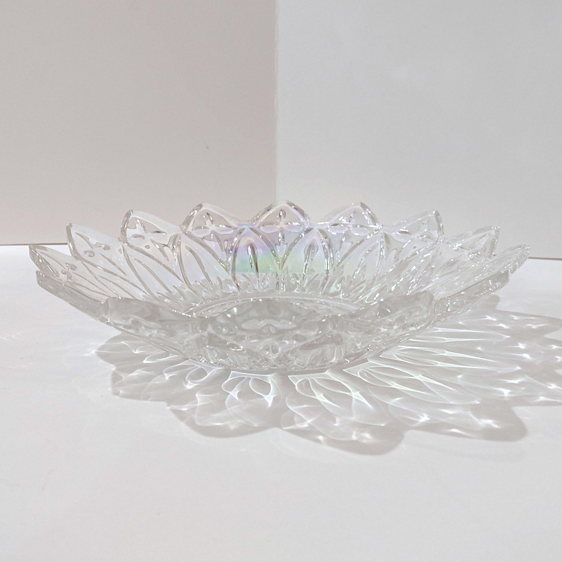 Vintage Federal Glass Petal Iridescent Clear Glass Dish Bowl, Rainbow Iridescent Flower Shaped 8 Inch Shallow Serving Bowl