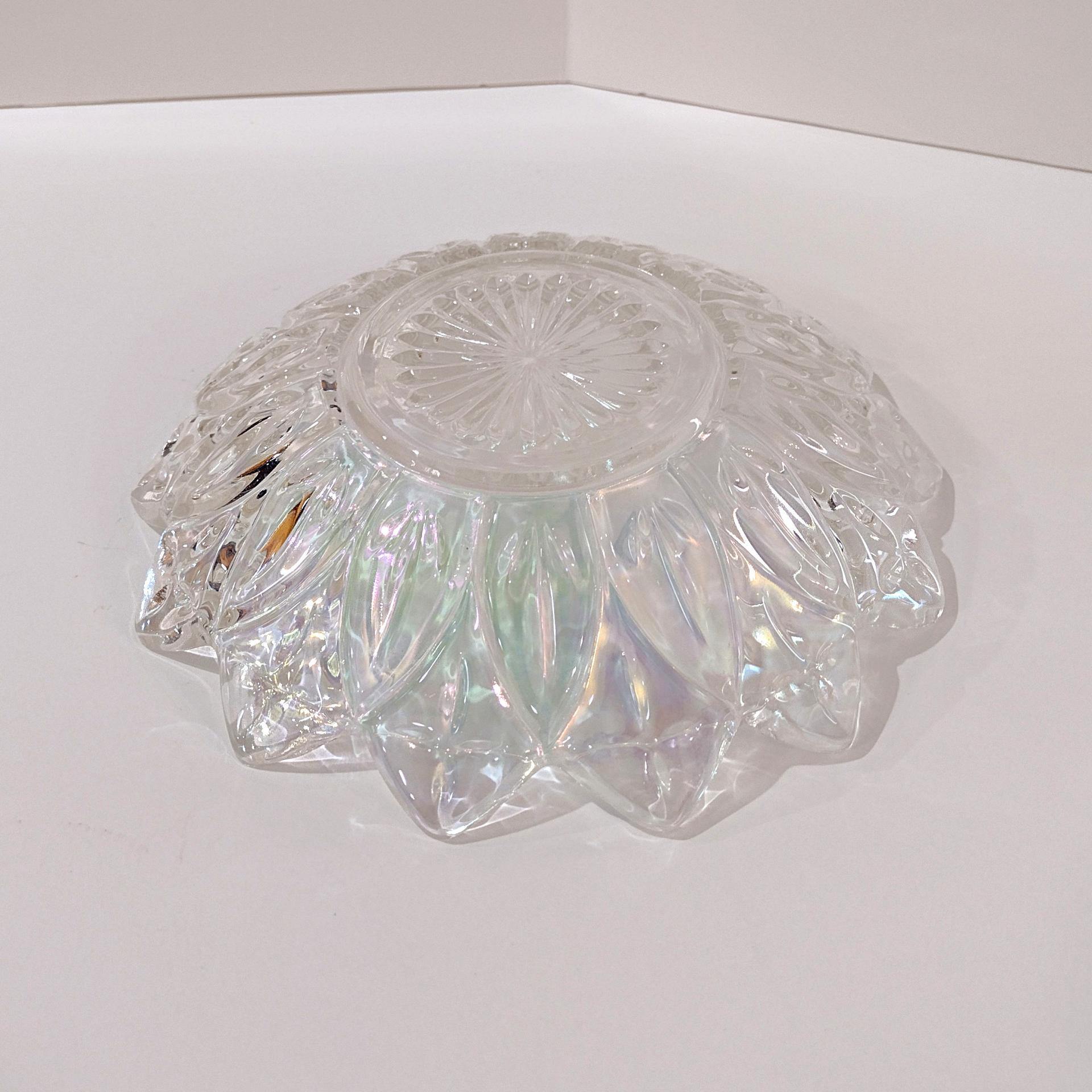 Vintage Federal Glass Petal Iridescent Clear Glass Dish Bowl, Rainbow Iridescent Flower Shaped 8 Inch Shallow Serving Bowl
