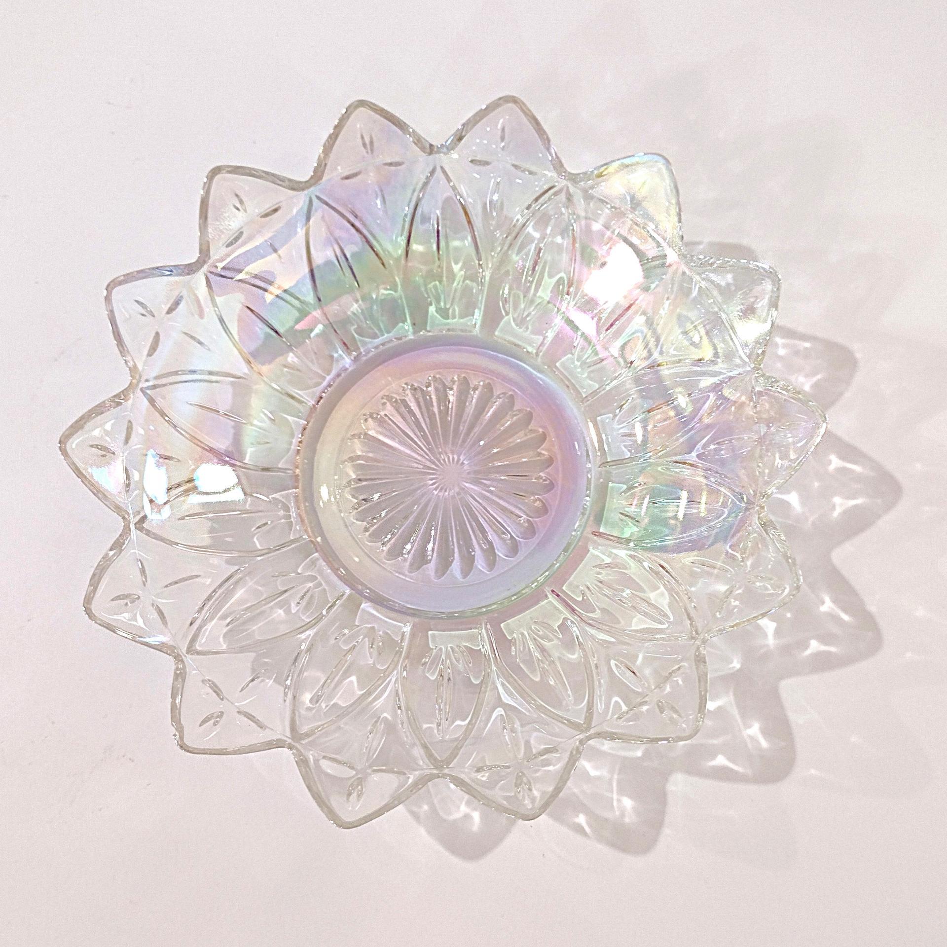 Vintage Federal Glass Petal Iridescent Clear Glass Dish Bowl, Rainbow Iridescent Flower Shaped 8 Inch Shallow Serving Bowl