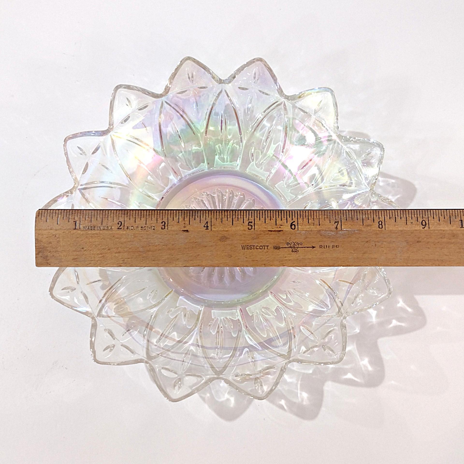 Vintage Federal Glass Petal Iridescent Clear Glass Dish Bowl, Rainbow Iridescent Flower Shaped 8 Inch Shallow Serving Bowl