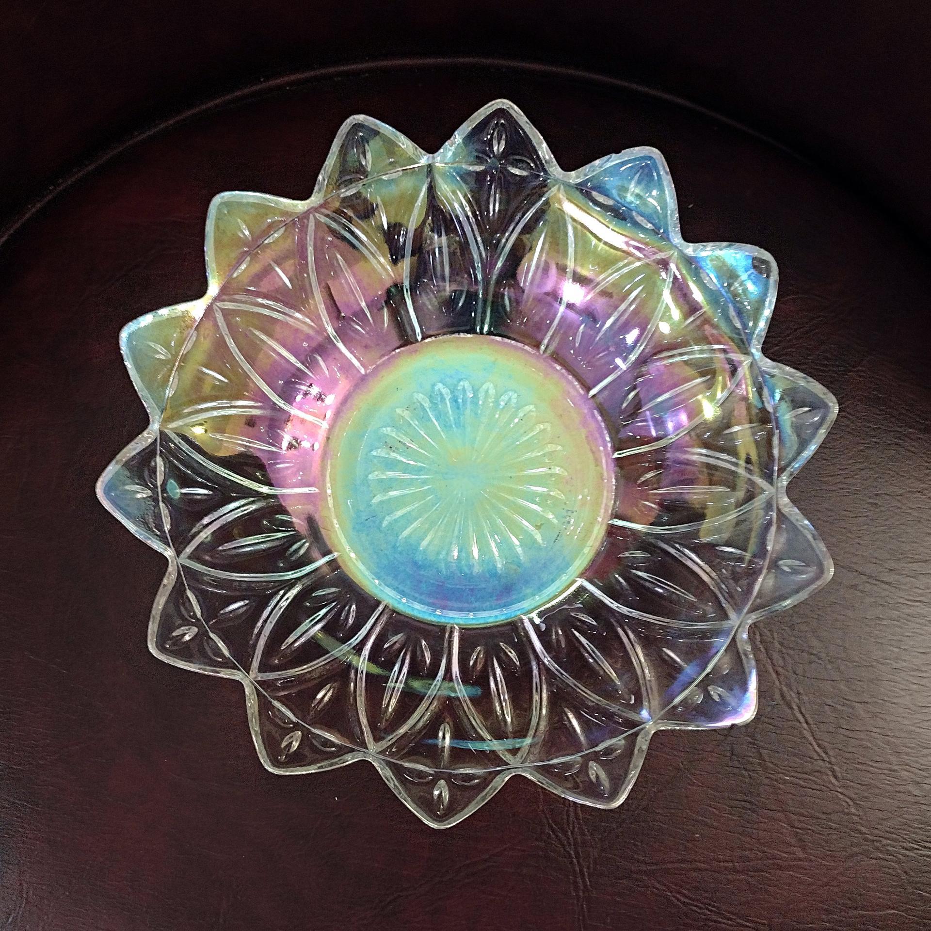 Vintage Federal Glass Petal Iridescent Clear Glass Dish Bowl, Rainbow Iridescent Flower Shaped 8 Inch Shallow Serving Bowl