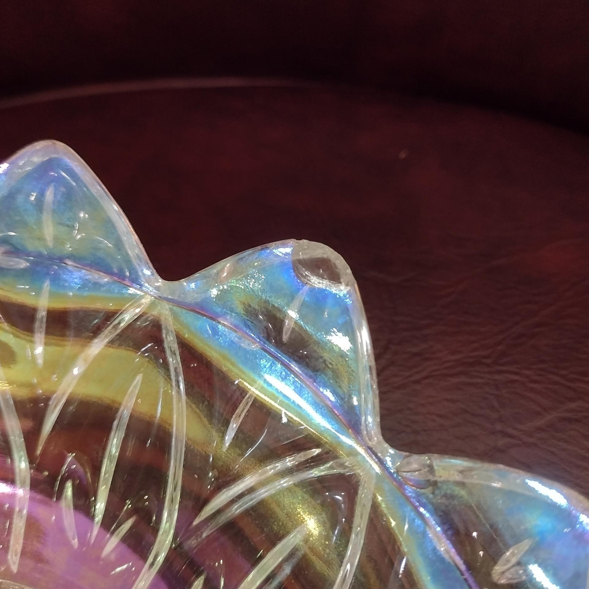 Vintage Federal Glass Petal Iridescent Clear Glass Dish Bowl, Rainbow Iridescent Flower Shaped 8 Inch Shallow Serving Bowl