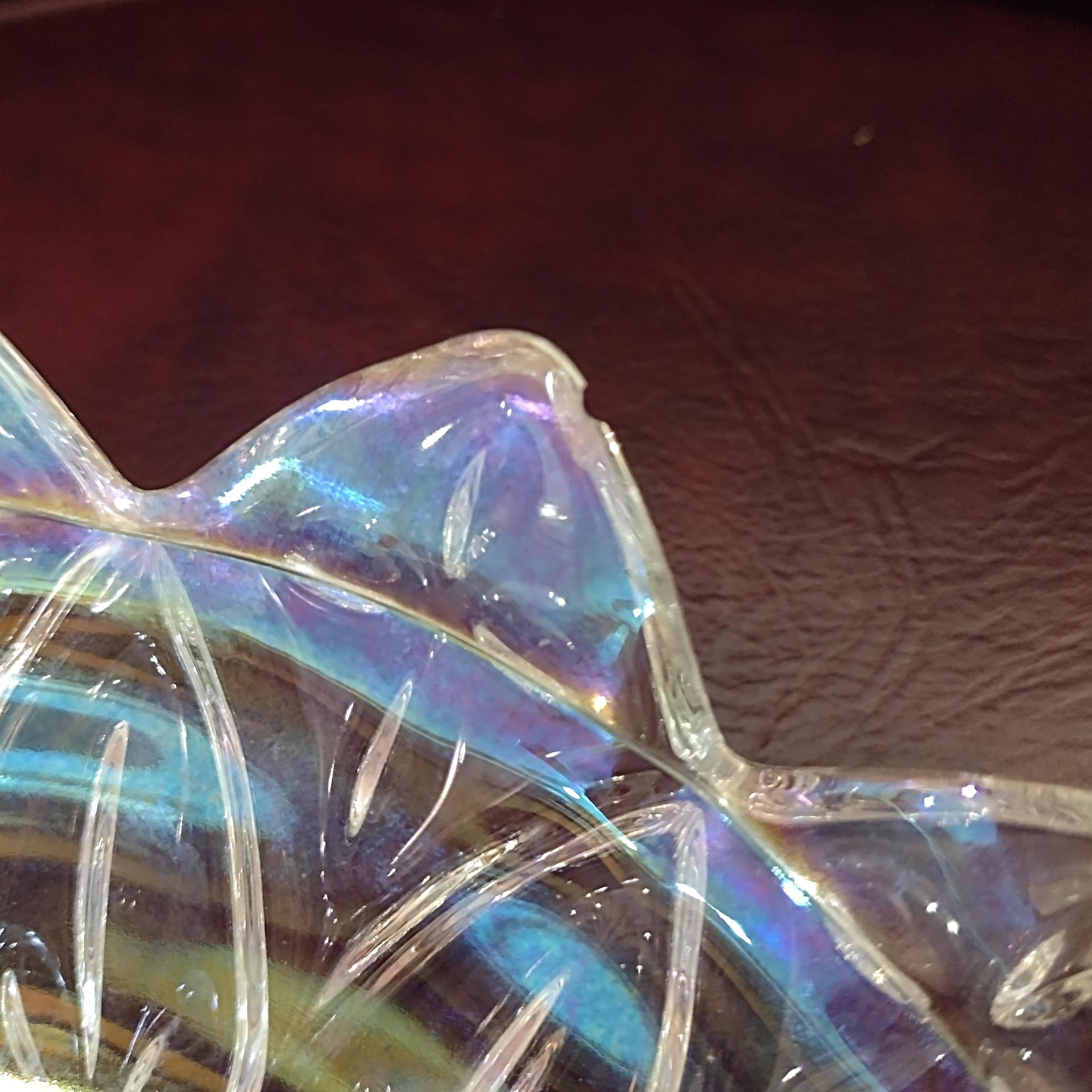 Vintage Federal Glass Petal Iridescent Clear Glass Dish Bowl, Rainbow Iridescent Flower Shaped 8 Inch Shallow Serving Bowl