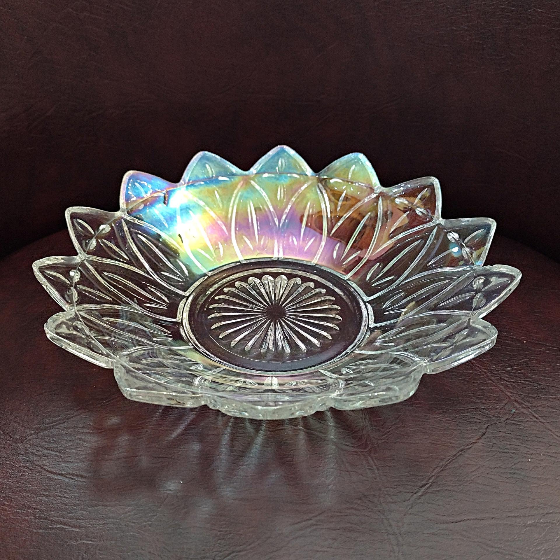 Vintage Federal Glass Petal Iridescent Clear Glass Dish Bowl, Rainbow Iridescent Flower Shaped 8 Inch Shallow Serving Bowl