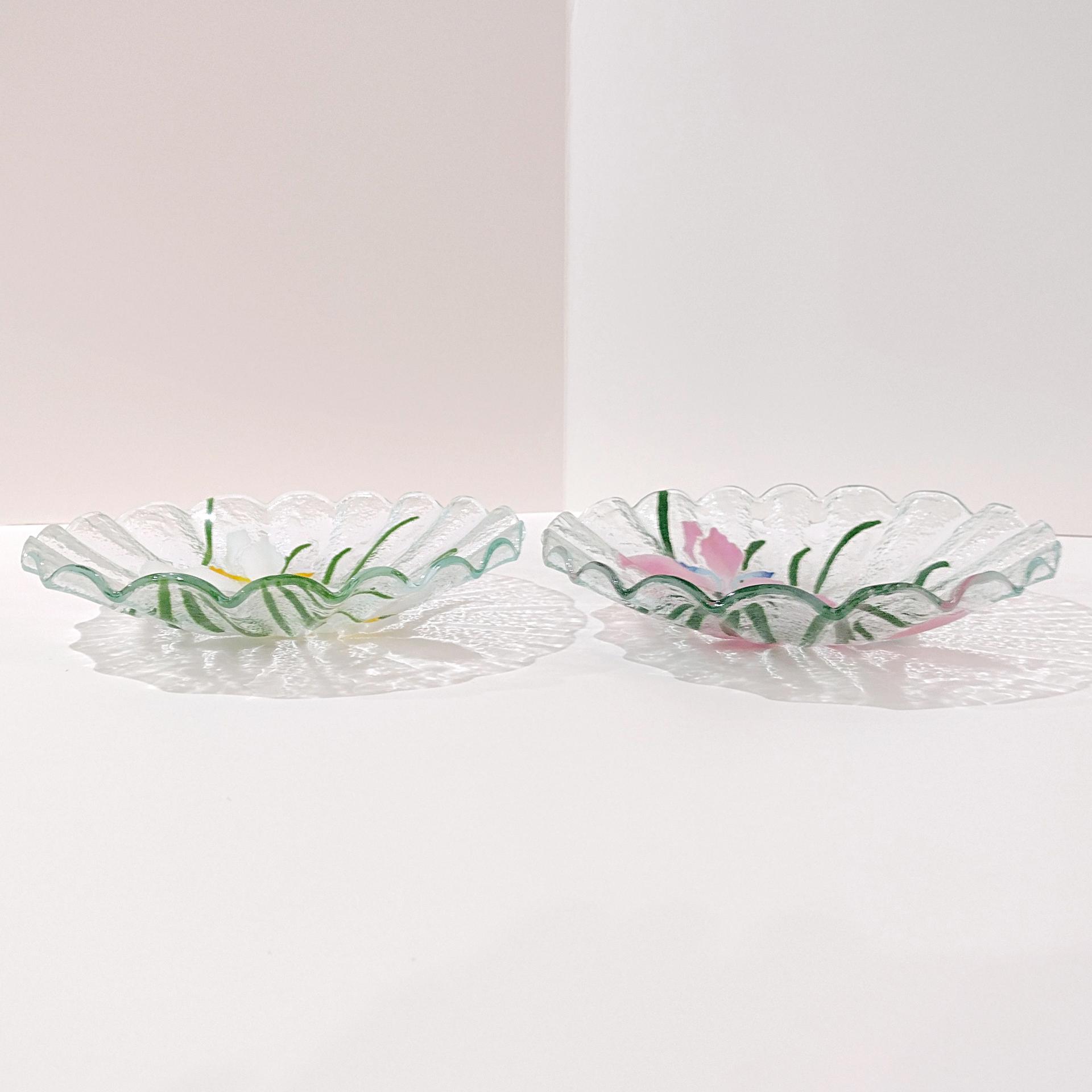 Vintage Sydenstricker Fused Glass Ruffled Floral Iris Bowls, Set of Two, Pink and White Iris Bowls
