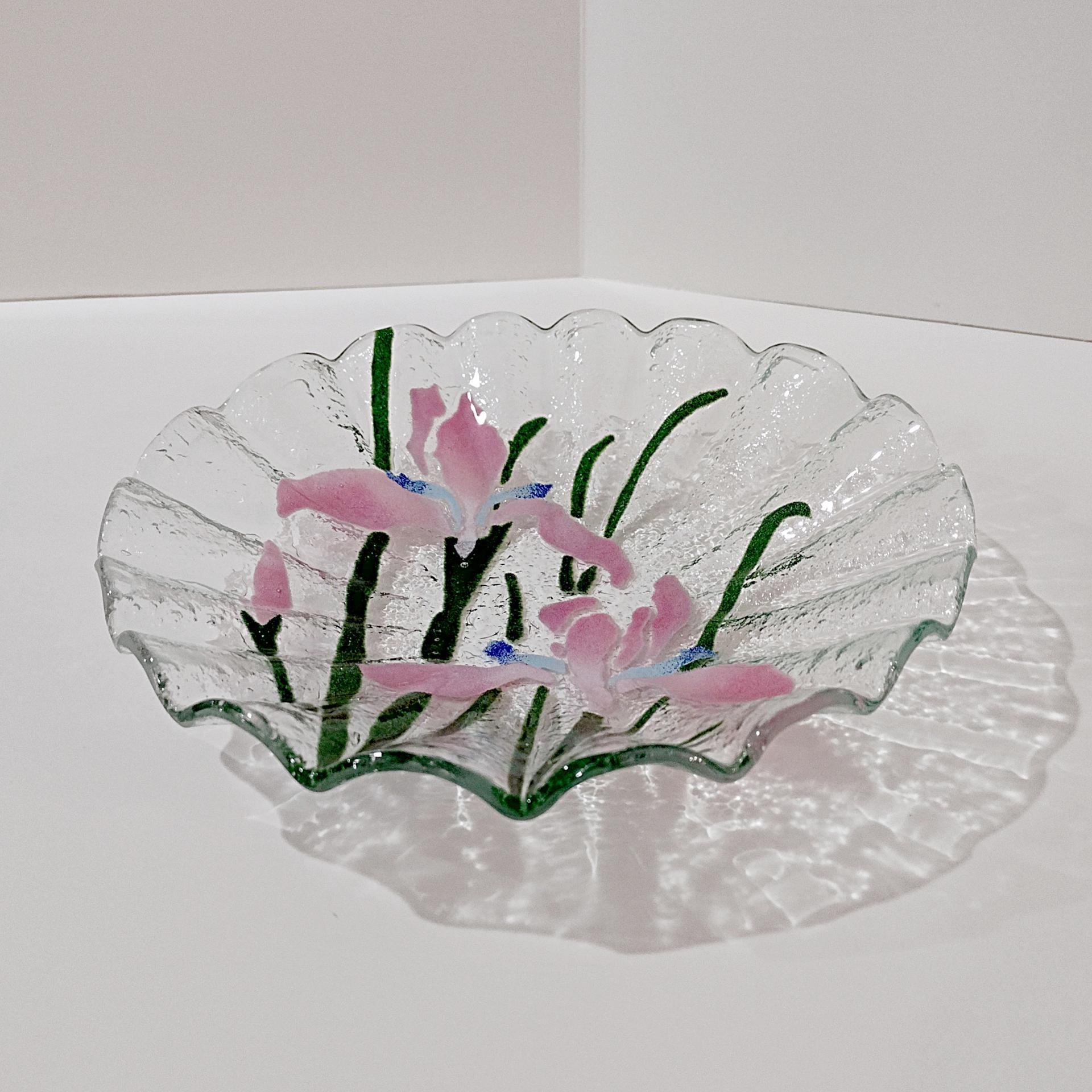 Vintage Sydenstricker Fused Glass Ruffled Floral Iris Bowls, Set of Two, Pink and White Iris Bowls