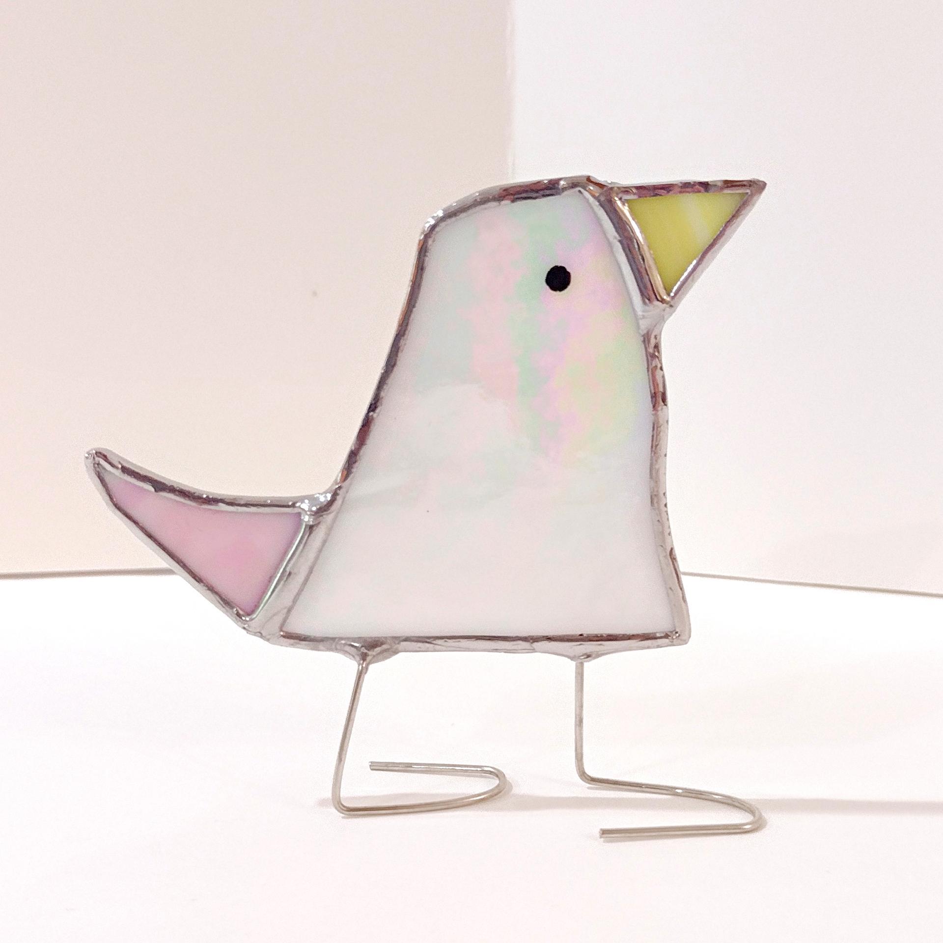 Stained Glass Standing Bird, Funky Pink and White Iridescent Glass Bird Suncatcher, Bird Lover Gift, Windowsill Sitter