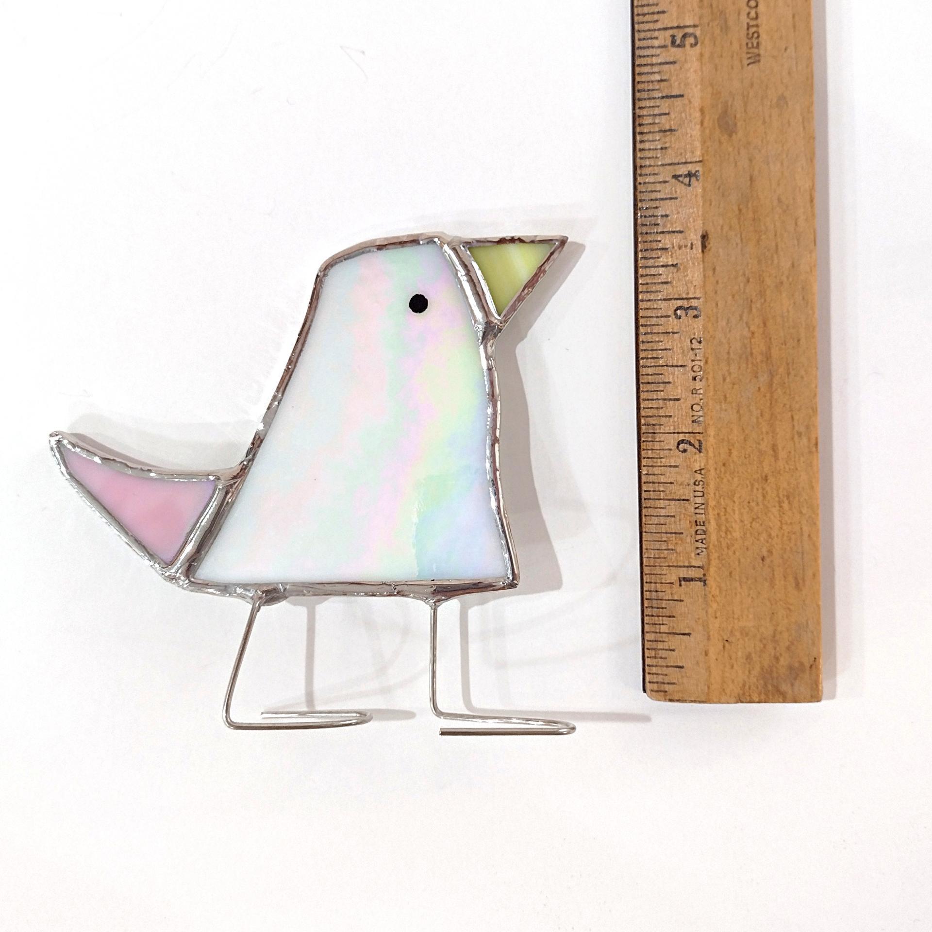 Stained Glass Standing Bird, Funky Pink and White Iridescent Glass Bird Suncatcher, Bird Lover Gift, Windowsill Sitter