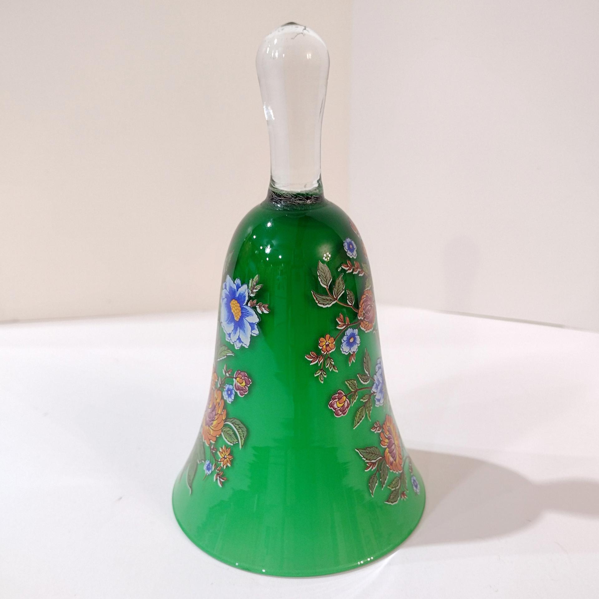 Vintage Hand Painted Italian Decorative Bell, Green Bell with Painted Flowers