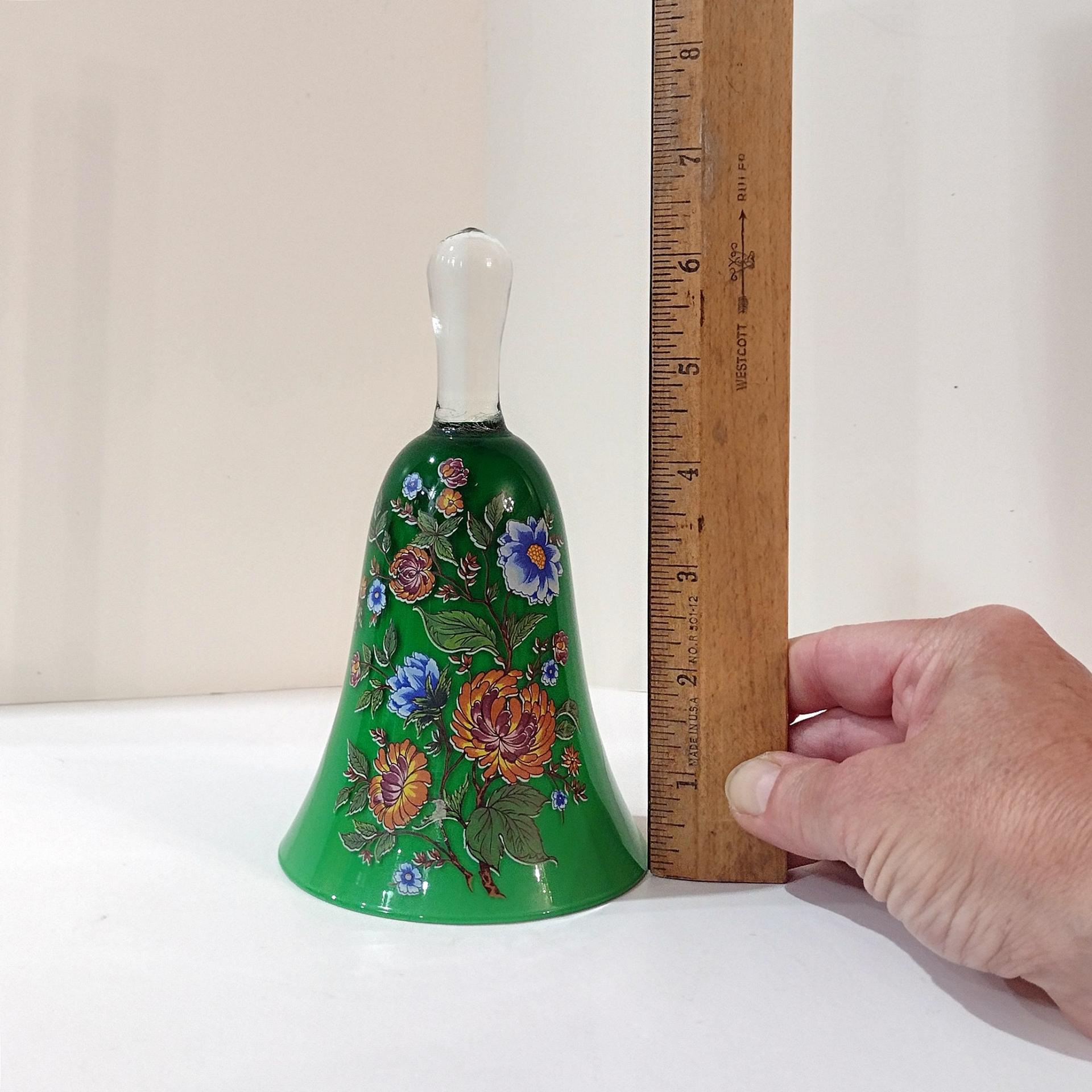 Vintage Hand Painted Italian Decorative Bell, Green Bell with Painted Flowers