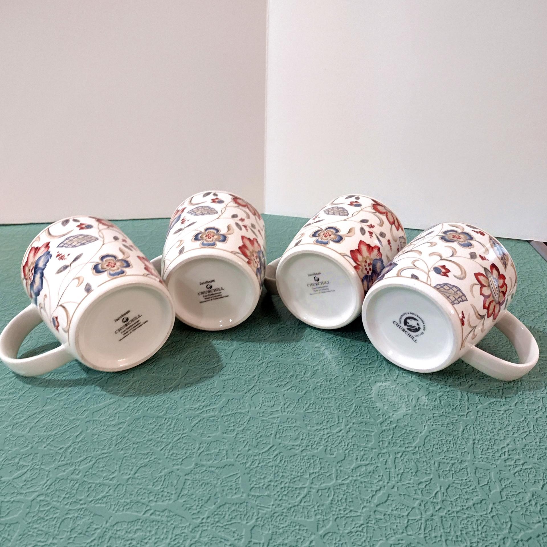 Vintage Churchill Jacobean Ceramic Coffee Tea Mugs, Set of Four, Red and Blue Floral Mugs