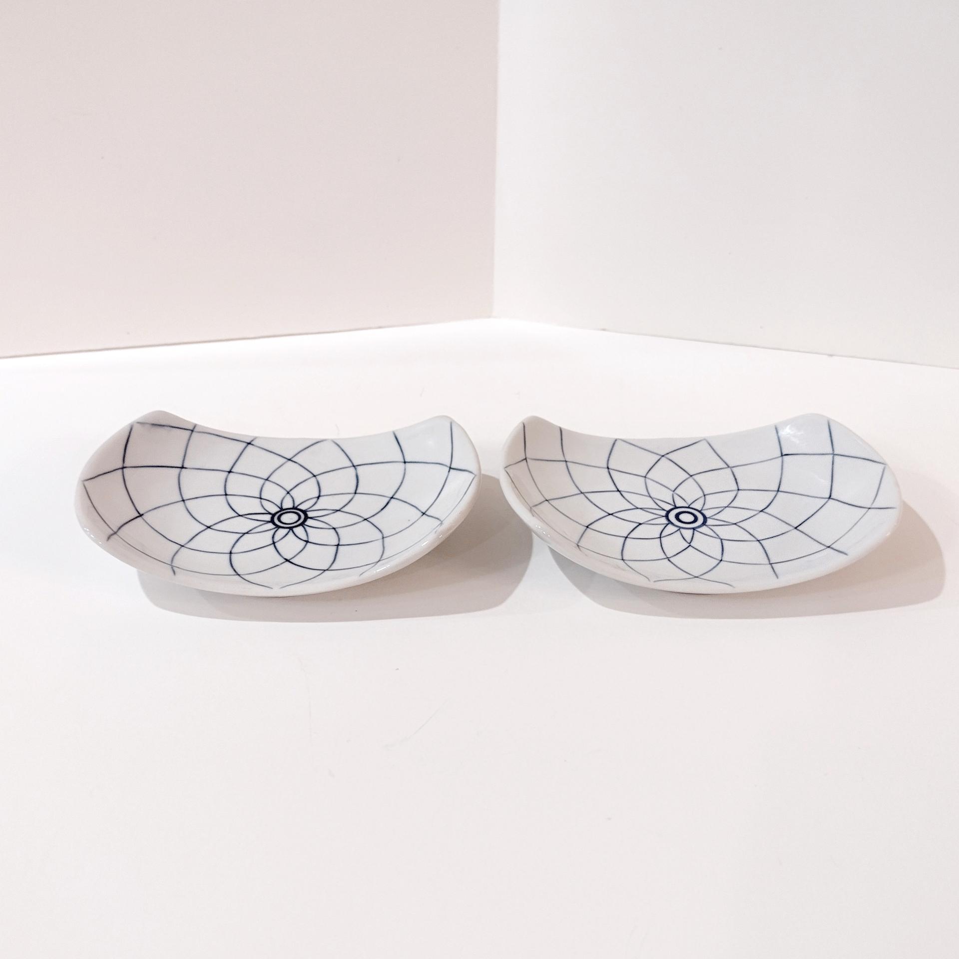 Vintage Blue and White Japanese Lotus Sushi Plates, Set of Two, Appetizer Plates, Trinket Trays