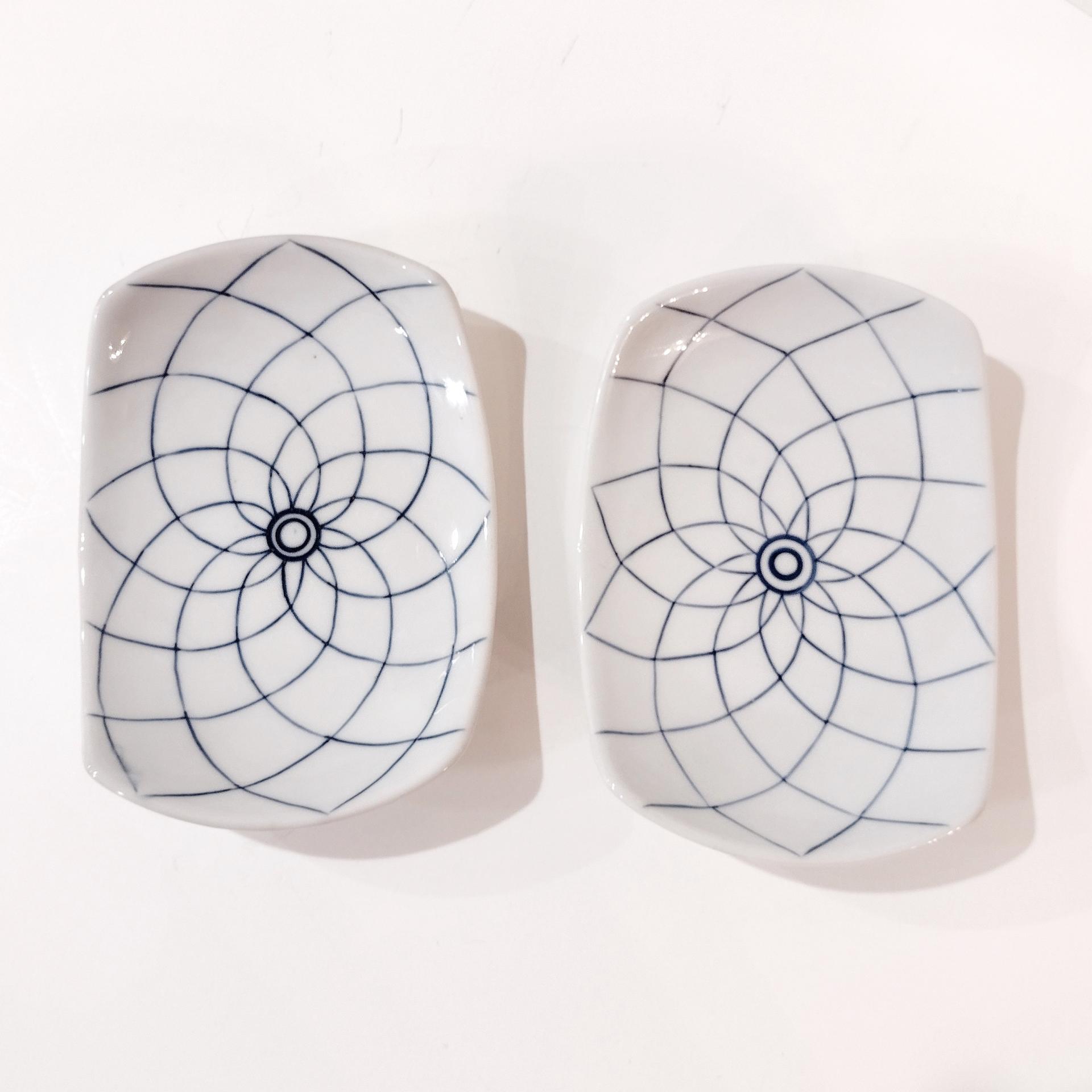 Vintage Blue and White Japanese Lotus Sushi Plates, Set of Two, Appetizer Plates, Trinket Trays
