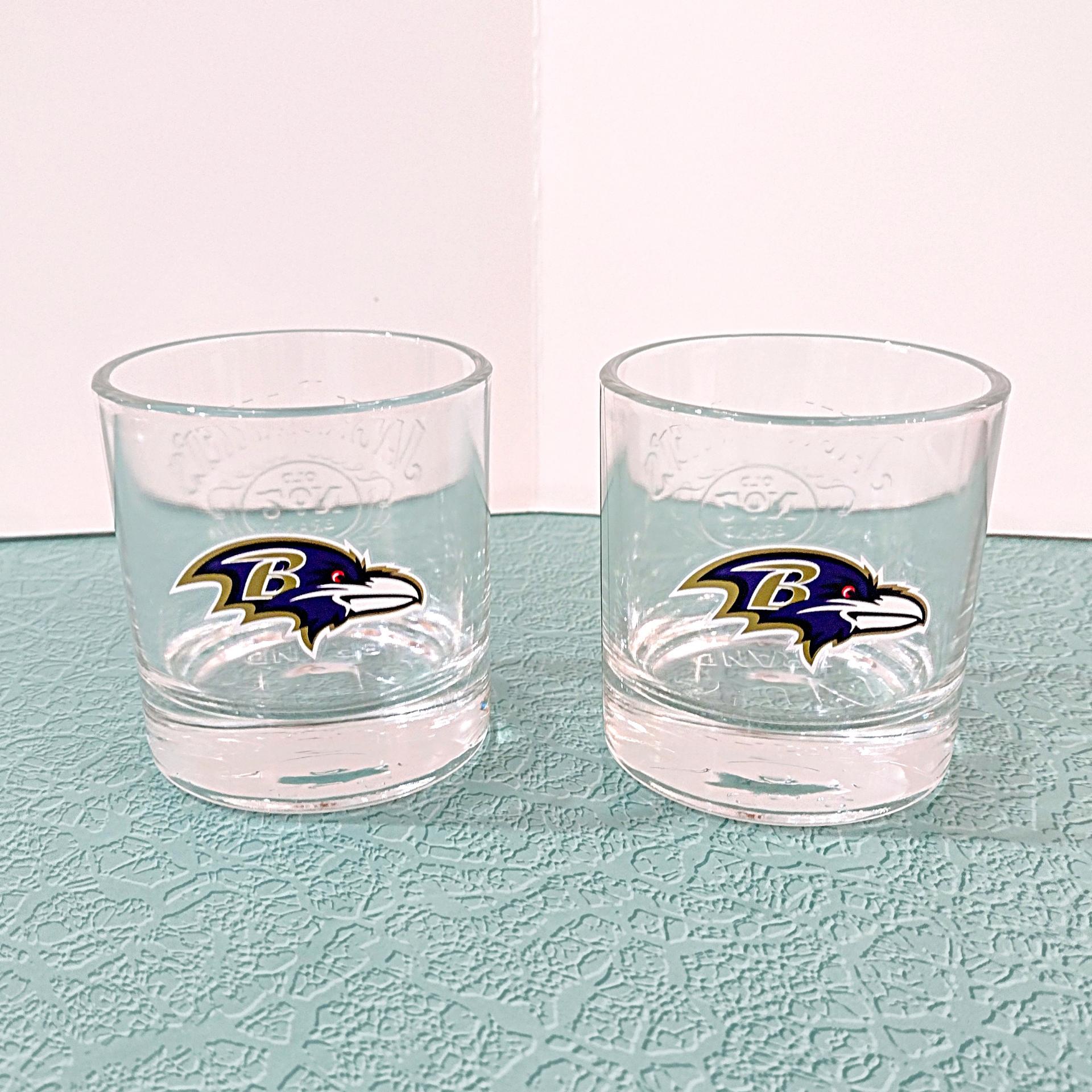 Vintage Baltimore Ravens Football Team Logo Jack Daniels Old No 7 Whiskey Lowball Rocks Glasses, Set of 2