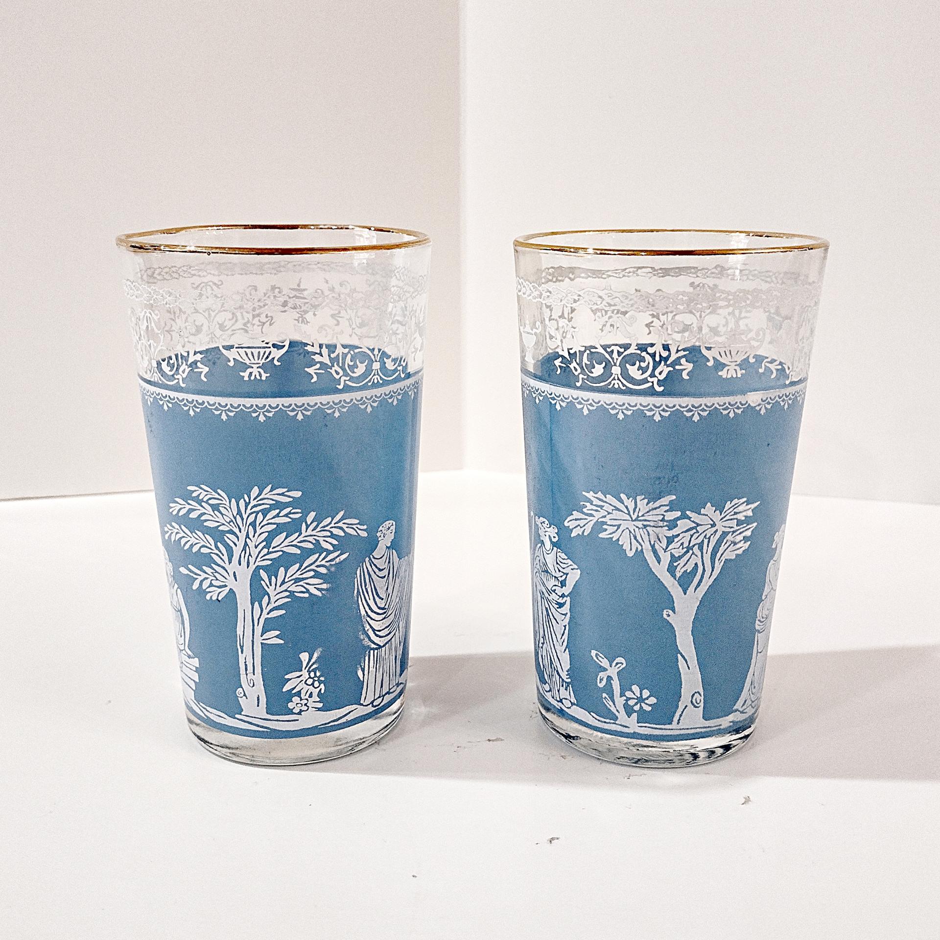 Vintage Jeanette Hellenic Blue 10 Ounce Flat Tumbler Glasses, Set of 2, MCM Barware