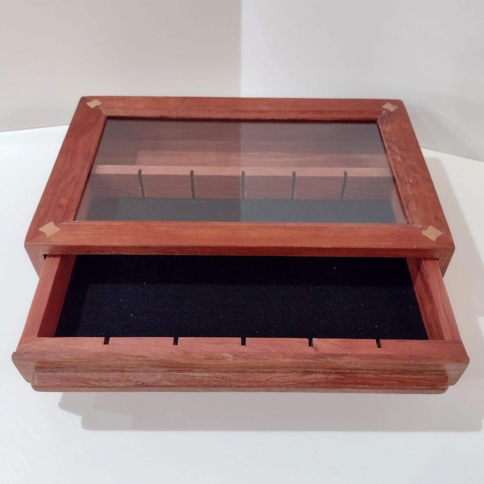 Vintage Hand Crafted Wooden Jewelry or Collection Display Box with Drawer Tray and Glass Top Window, Collectors Display Case
