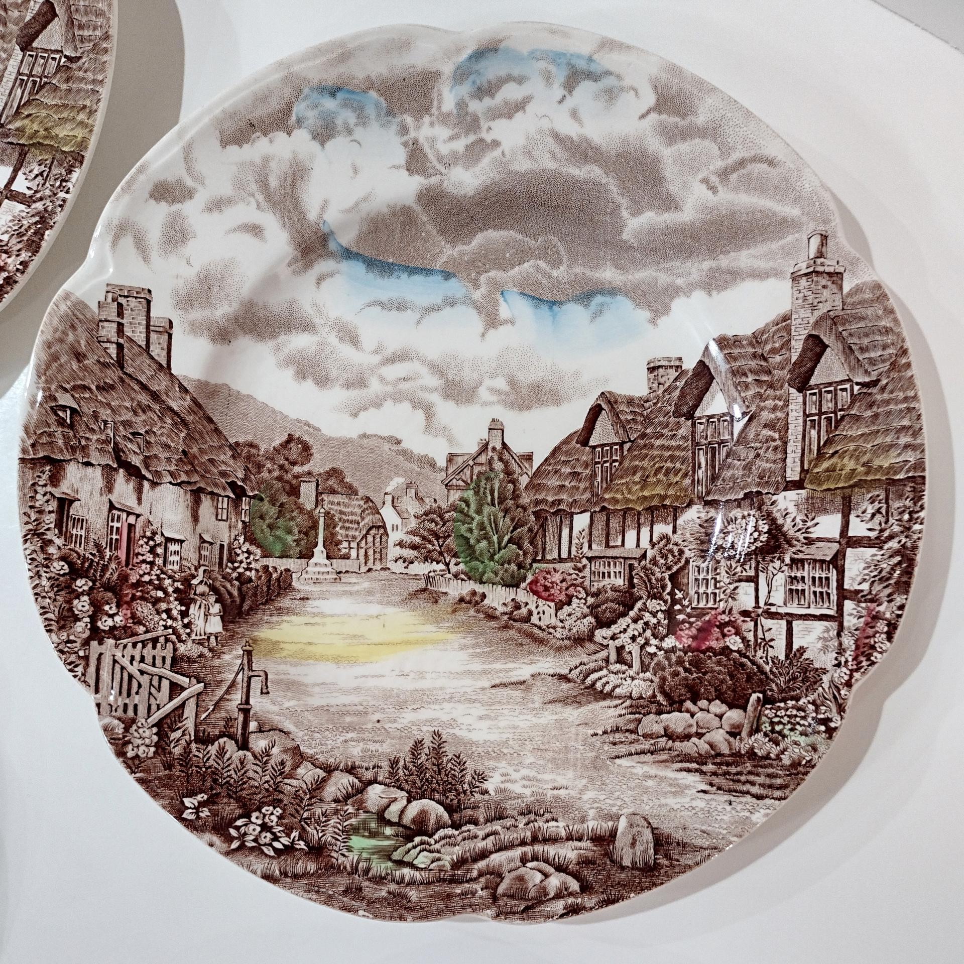 Vintage Johnson Brothers Olde English Countryside Brown Multi Color Dinner Plates, Set of 4