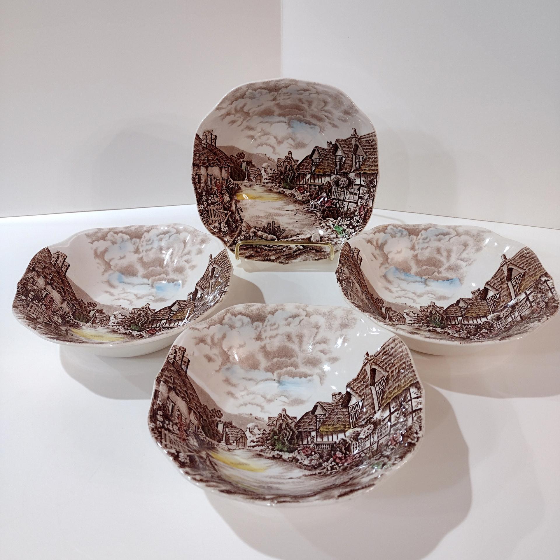Vintage Johnson Brothers Olde English Countryside Brown Multi Color Square Cereal Soup Salad Bowls, Set of 4