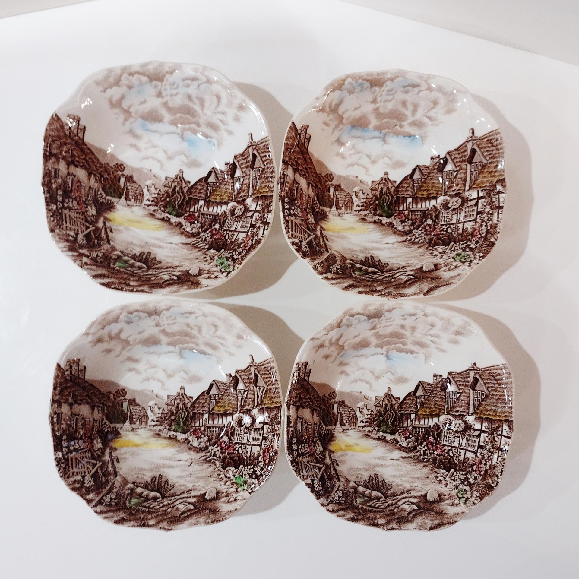 Vintage Johnson Brothers Olde English Countryside Brown Multi Color Square Cereal Soup Salad Bowls, Set of 4