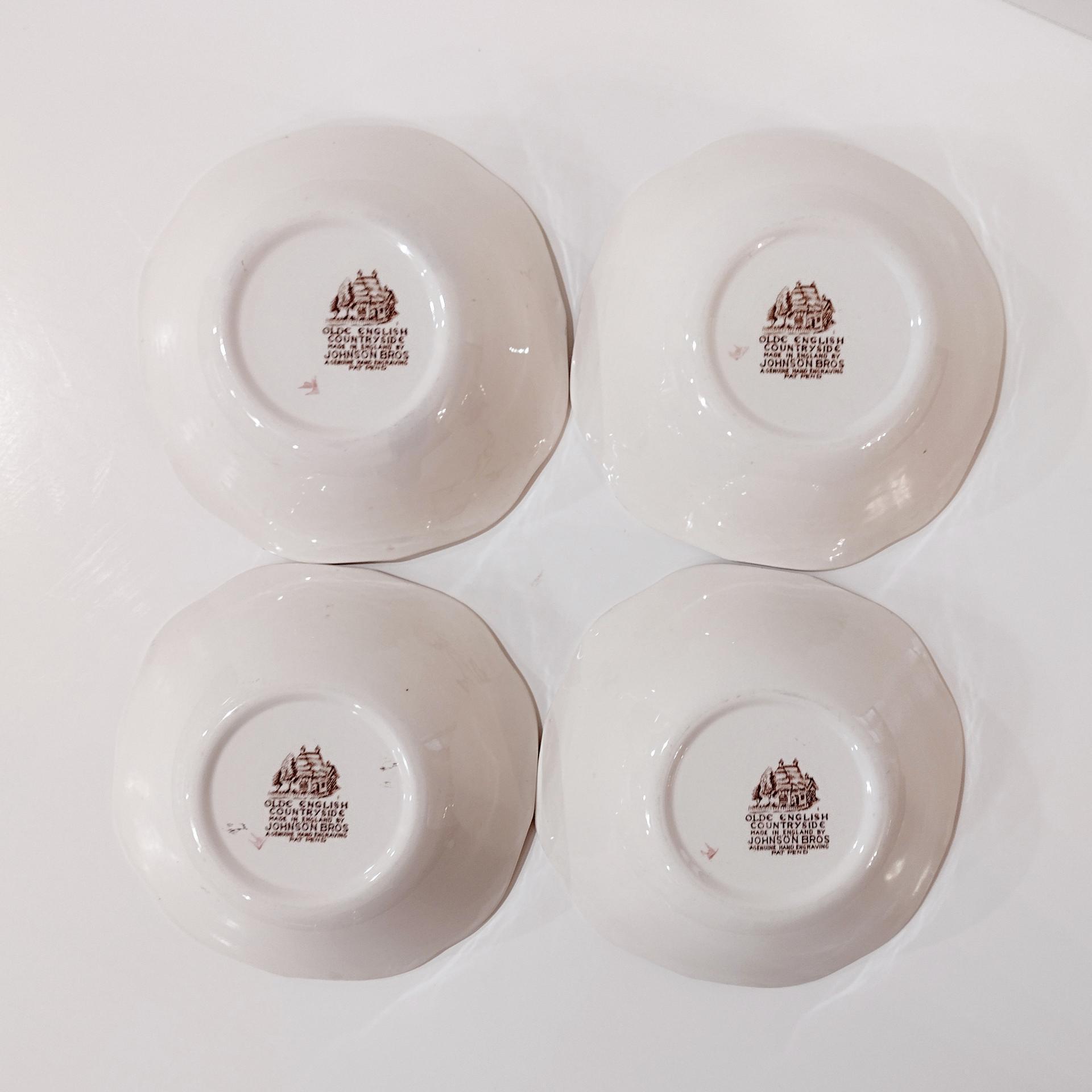 Vintage Johnson Brothers Olde English Countryside Brown Multi Color Square Cereal Soup Salad Bowls, Set of 4