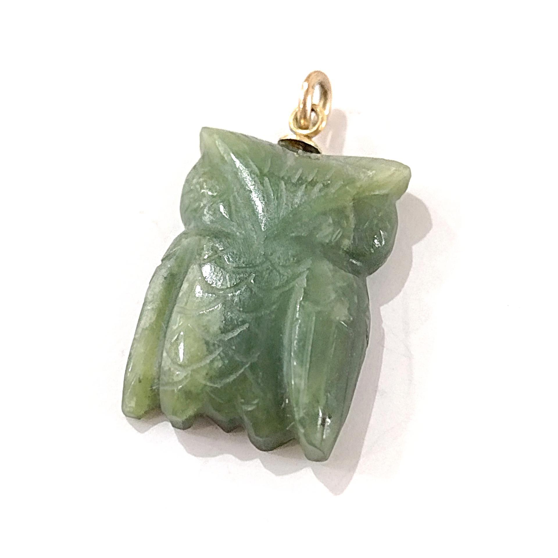 Vintage Carved Jade Owl Pendant Charm, Owl Necklace