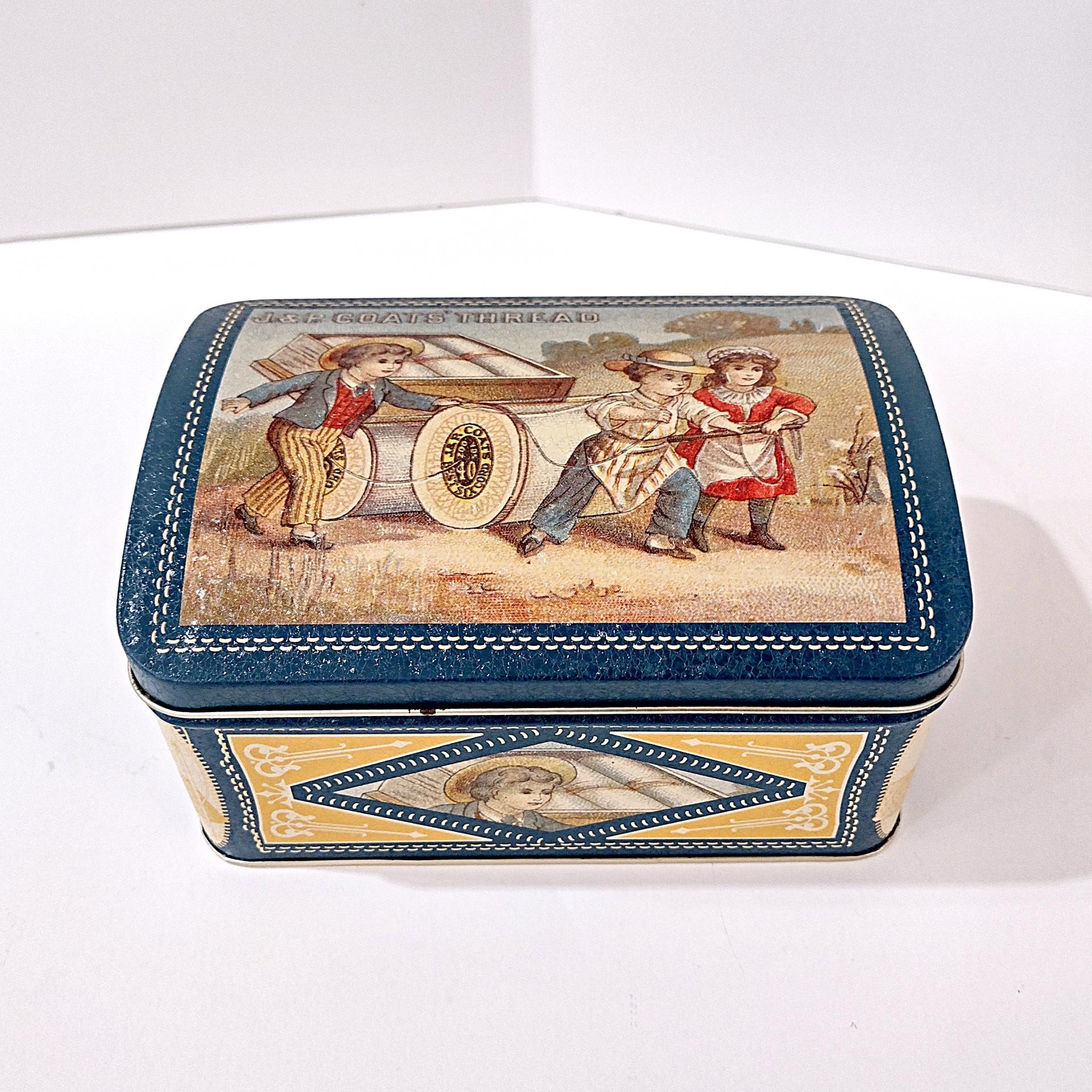 Vintage J & P Coats Thread Hinged Lid Tin Box, Decorative Metal Storage Container