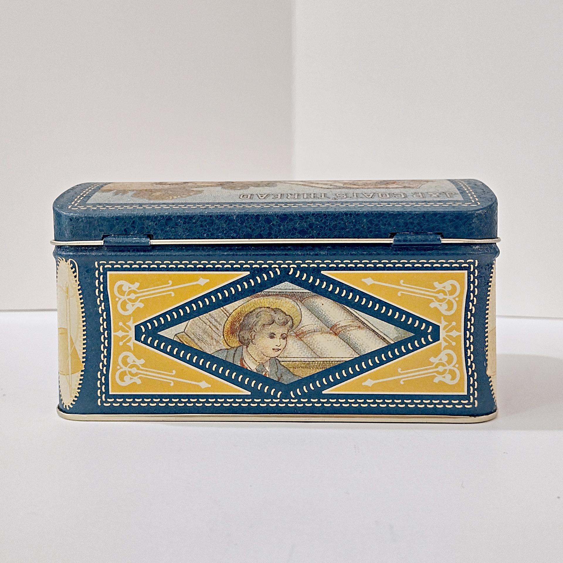 Vintage J & P Coats Thread Hinged Lid Tin Box, Decorative Metal Storage Container