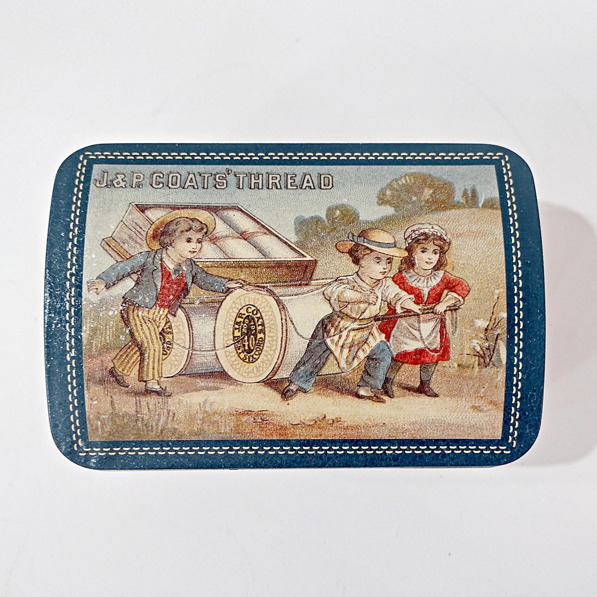 Vintage J & P Coats Thread Hinged Lid Tin Box, Decorative Metal Storage Container