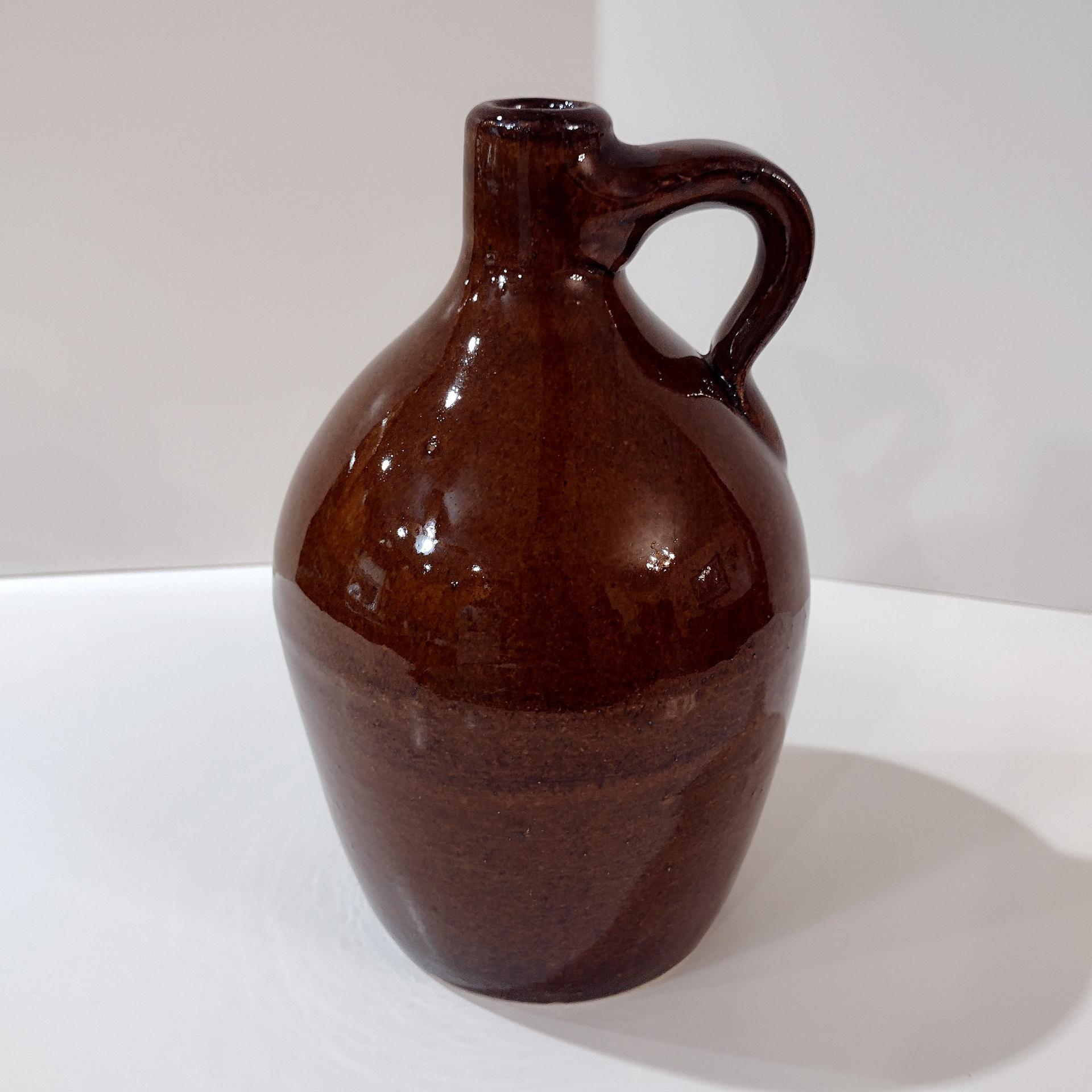 Antique Ceramic Brown Glazed Jug, Vintage Brown Jug with Handle, Rustic Ceramic Vase
