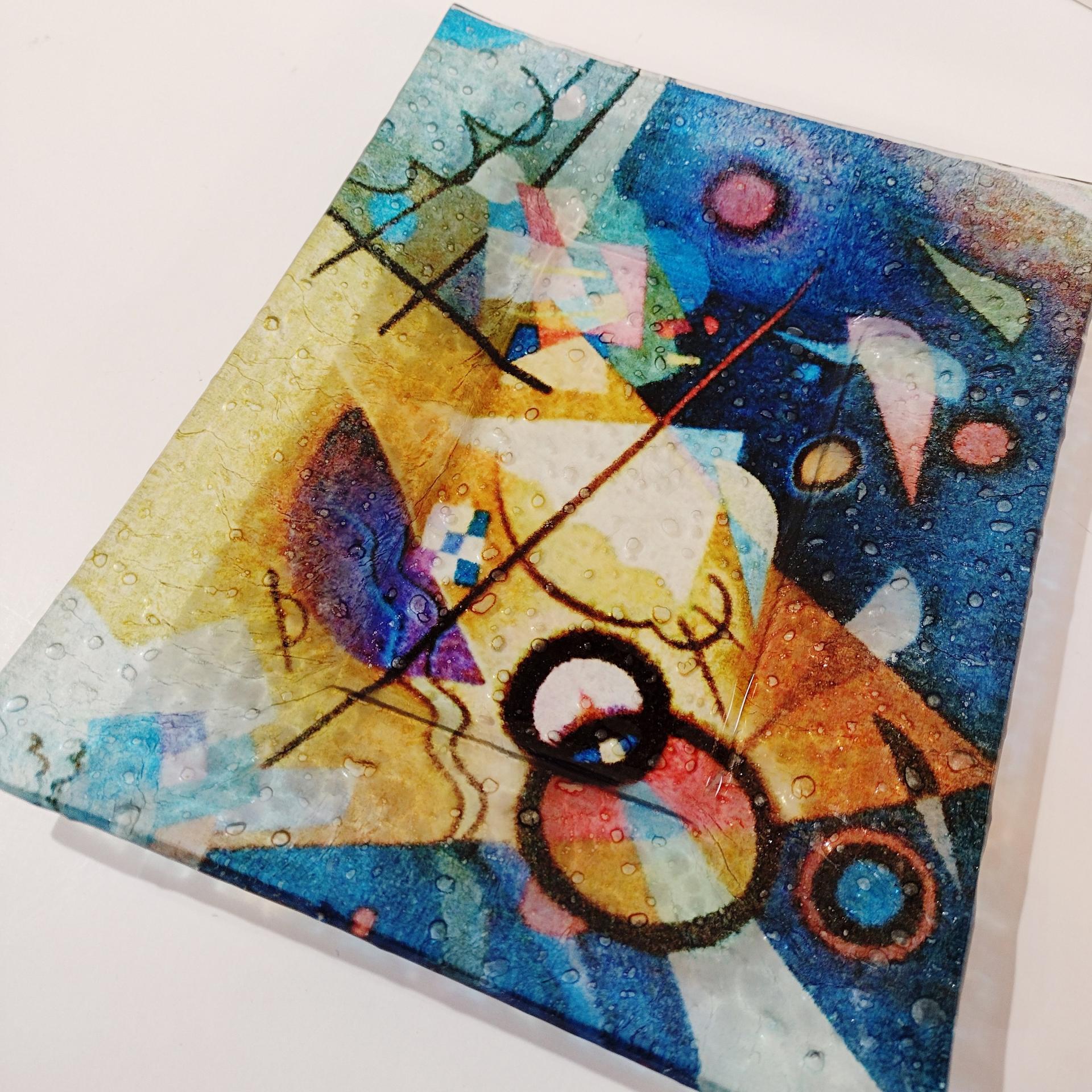 Vintage Wassily Kandinsky Abstract Art Reproduction Fused Glass Tray, Art Glass Dish