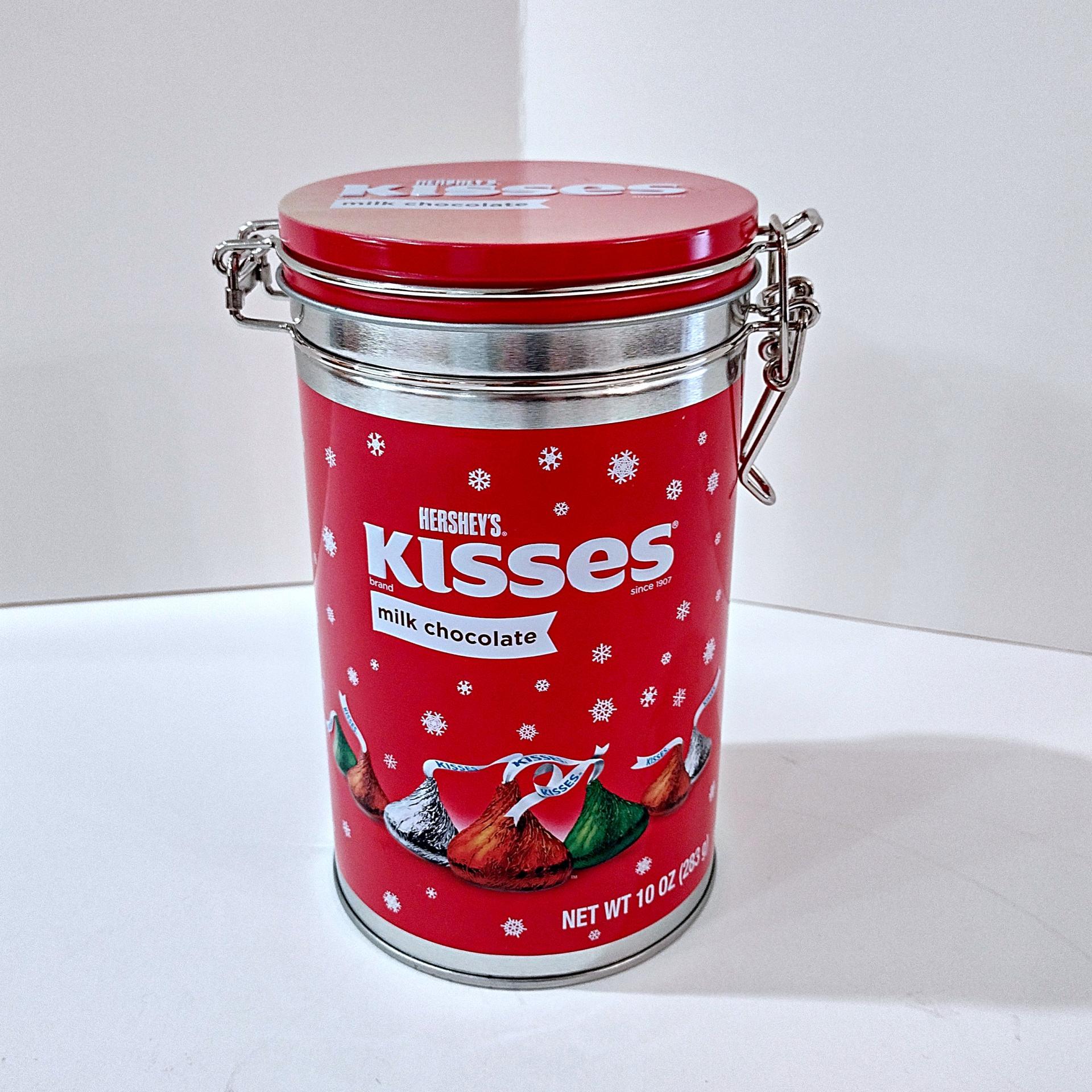 Vintage Hershey Kisses Holiday Cylinder Tin with Clamp Airtight Lid