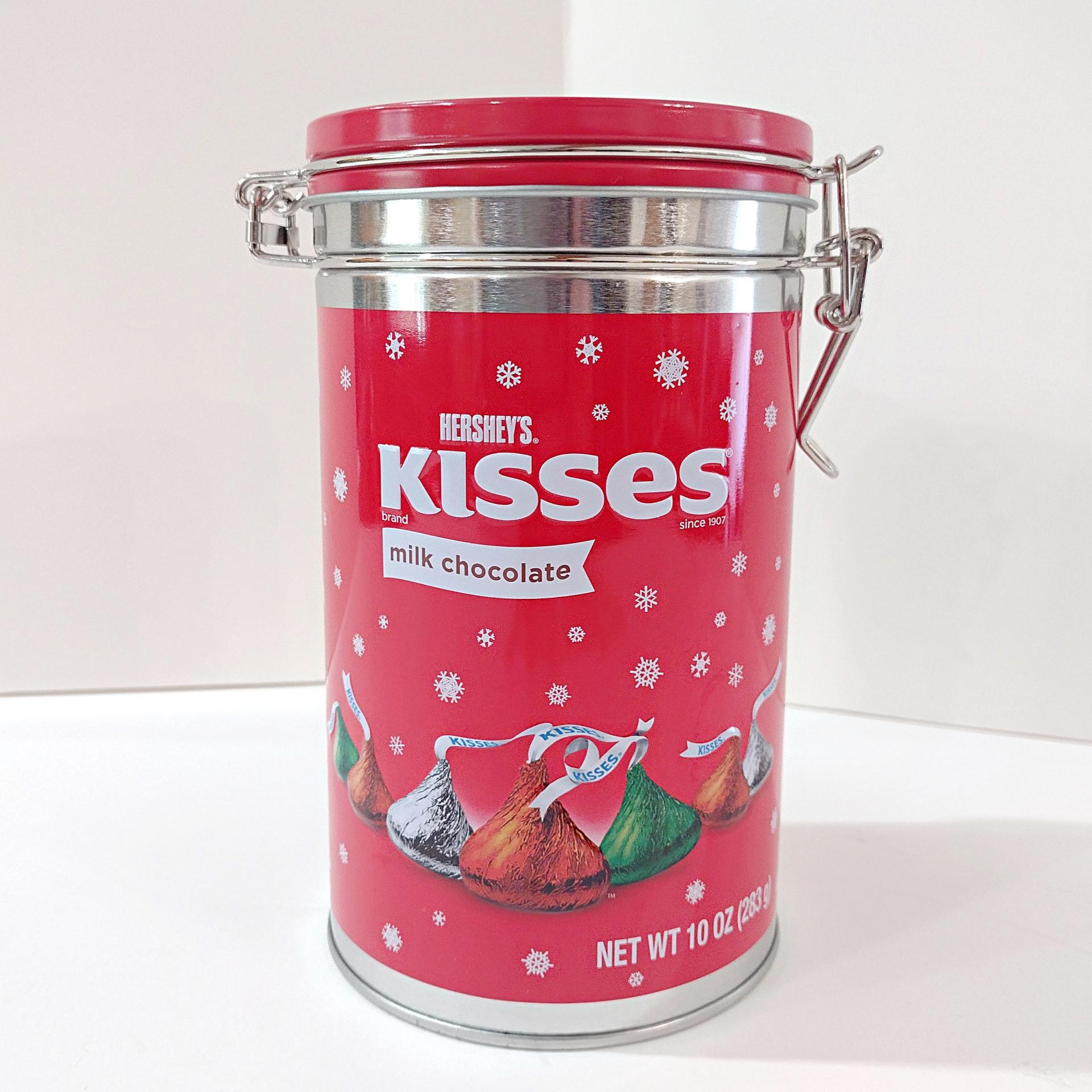 Vintage Hershey Kisses Holiday Cylinder Tin with Clamp Airtight Lid