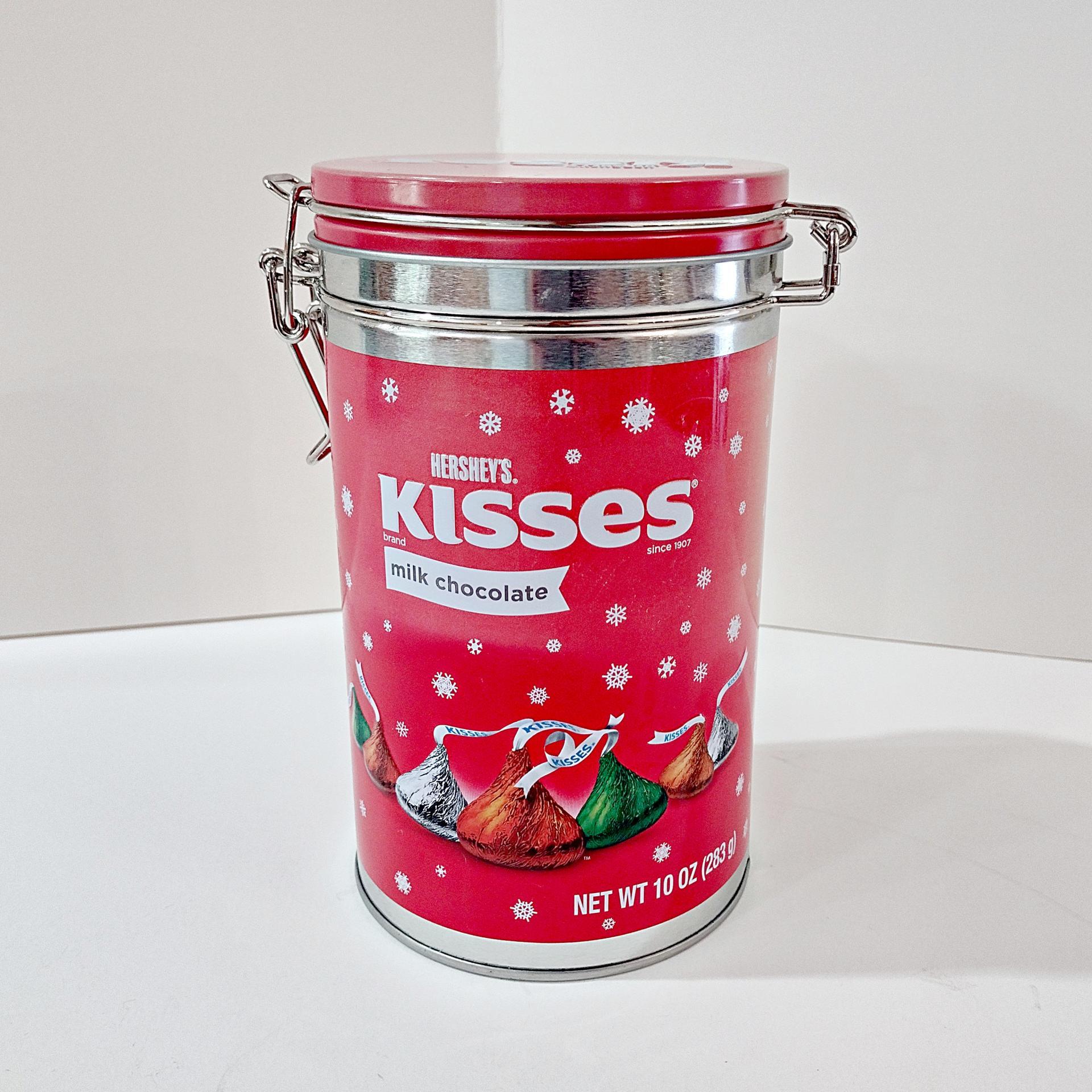Vintage Hershey Kisses Holiday Cylinder Tin with Clamp Airtight Lid