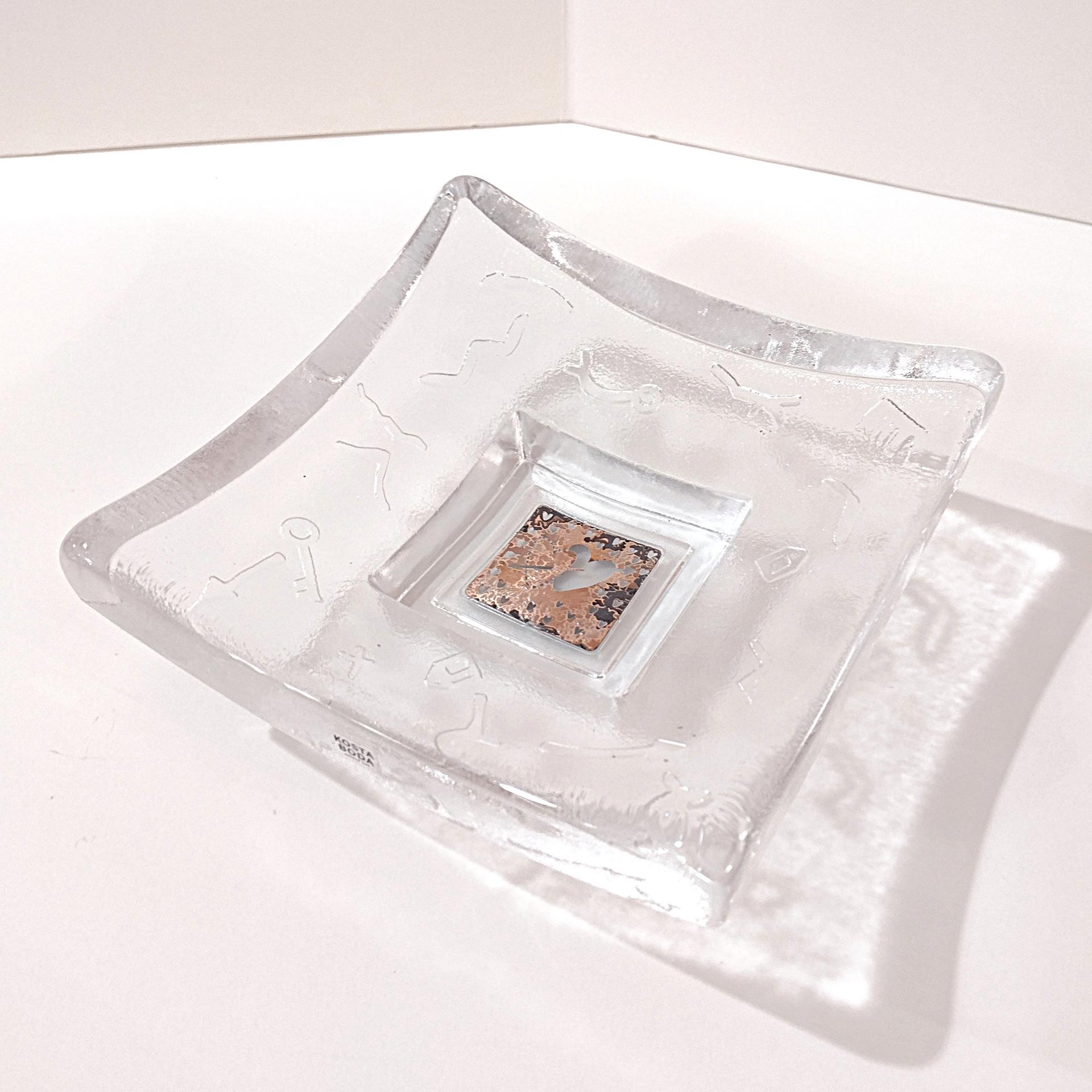 Vintage Signed Kosta Boda Bertil Vallien Copper and Glass Pedestal Heart Dish, Bertil Vallien 1994 Domino Series Swedish Art Glass