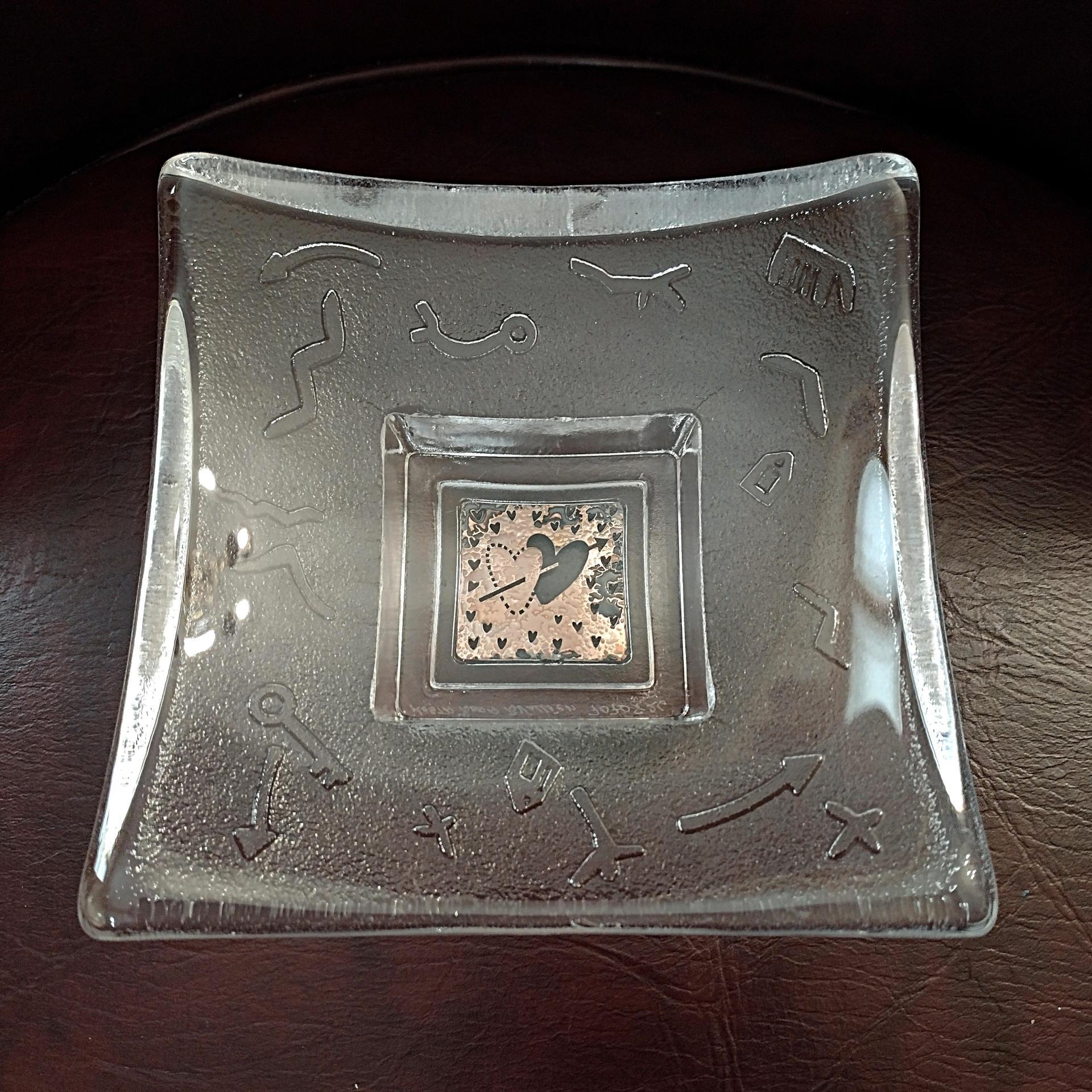 Vintage Signed Kosta Boda Bertil Vallien Copper and Glass Pedestal Heart Dish, Bertil Vallien 1994 Domino Series Swedish Art Glass