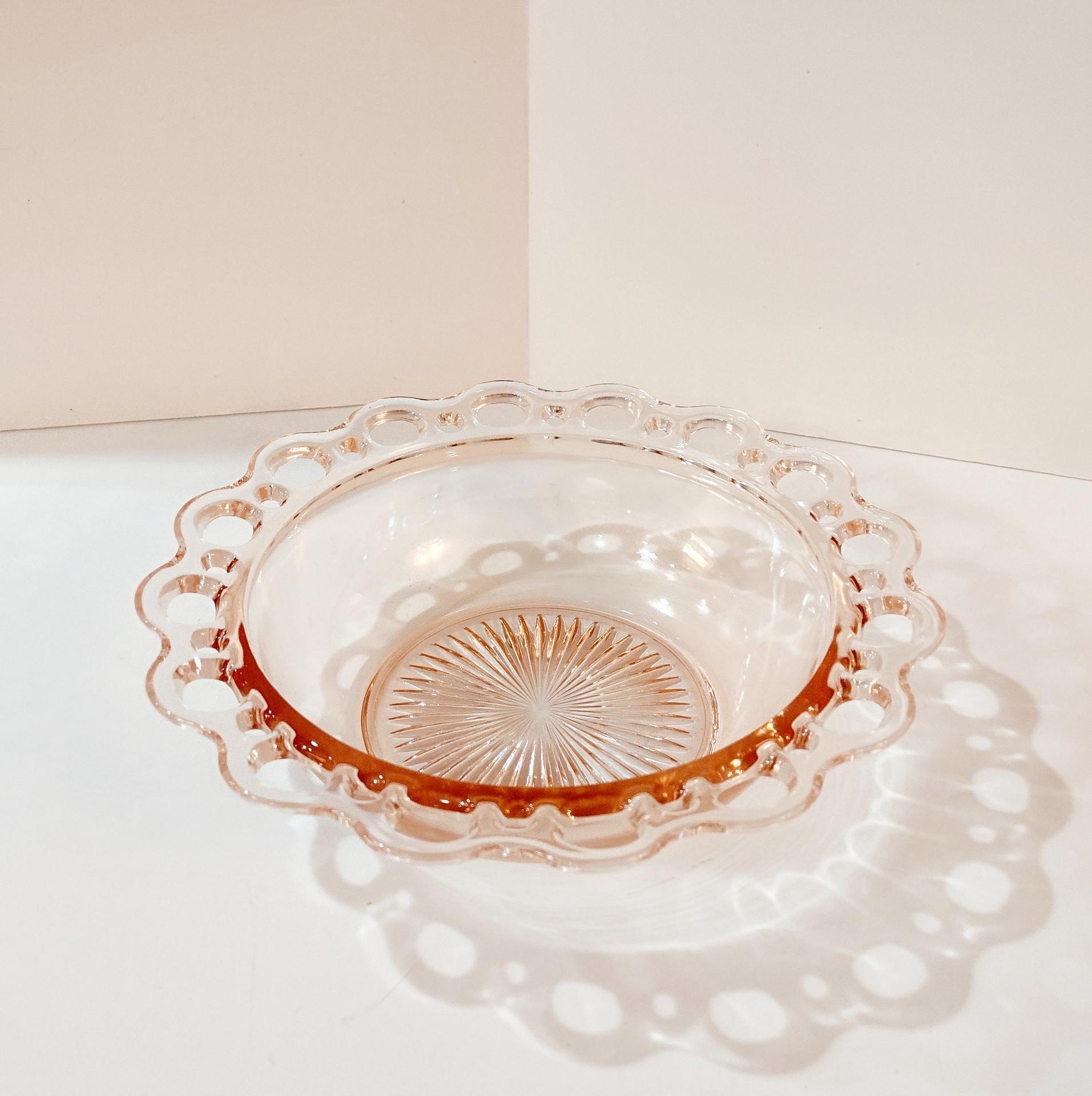Vintage Anchor Hocking Old Colony Lace Edge Pink Glass Serving Bowl, 1930's Pink Depression Glass Open Lace, Pink Glass Fruit Bowl