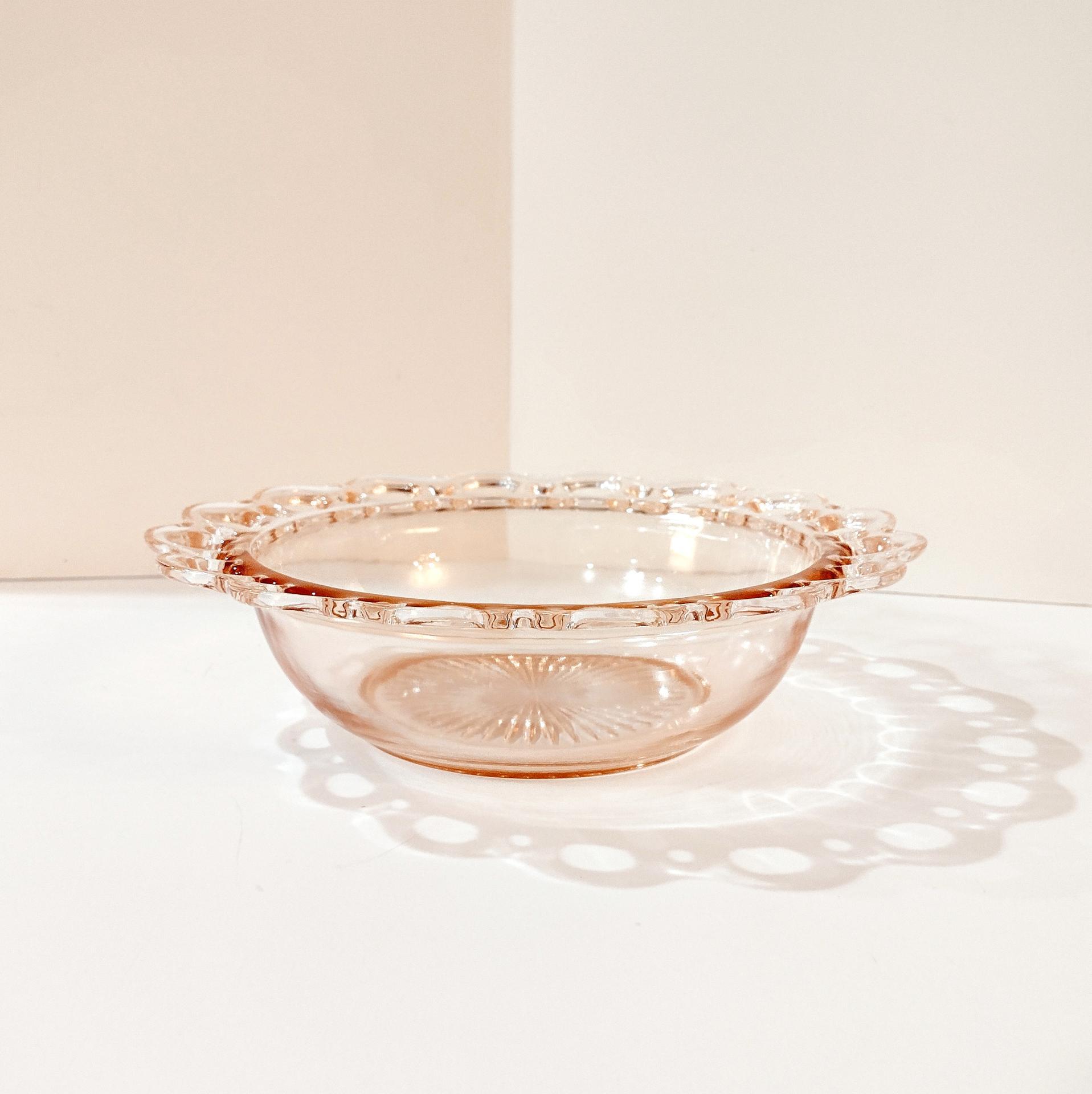 Vintage Anchor Hocking Old Colony Lace Edge Pink Glass Serving Bowl, 1930's Pink Depression Glass Open Lace, Pink Glass Fruit Bowl