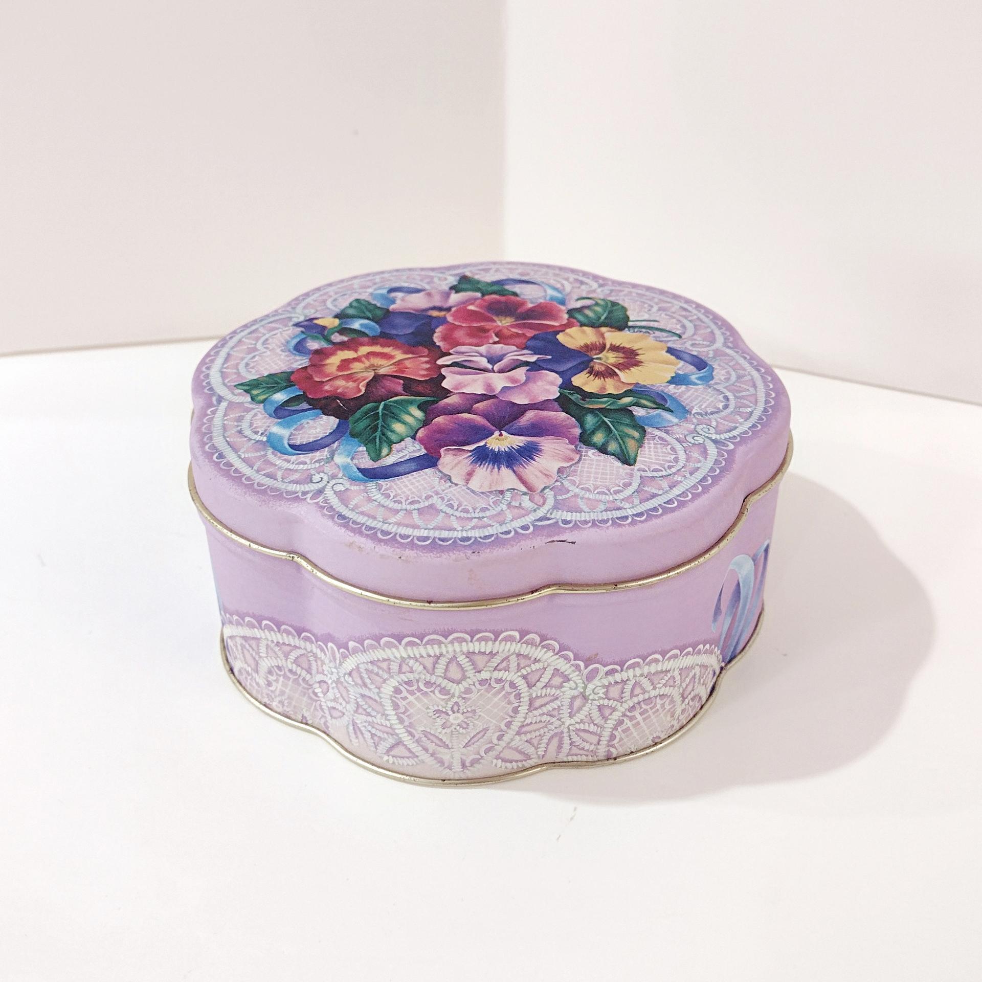 Vintage Flower Shaped Purple Lace Metal Tin Storage Container