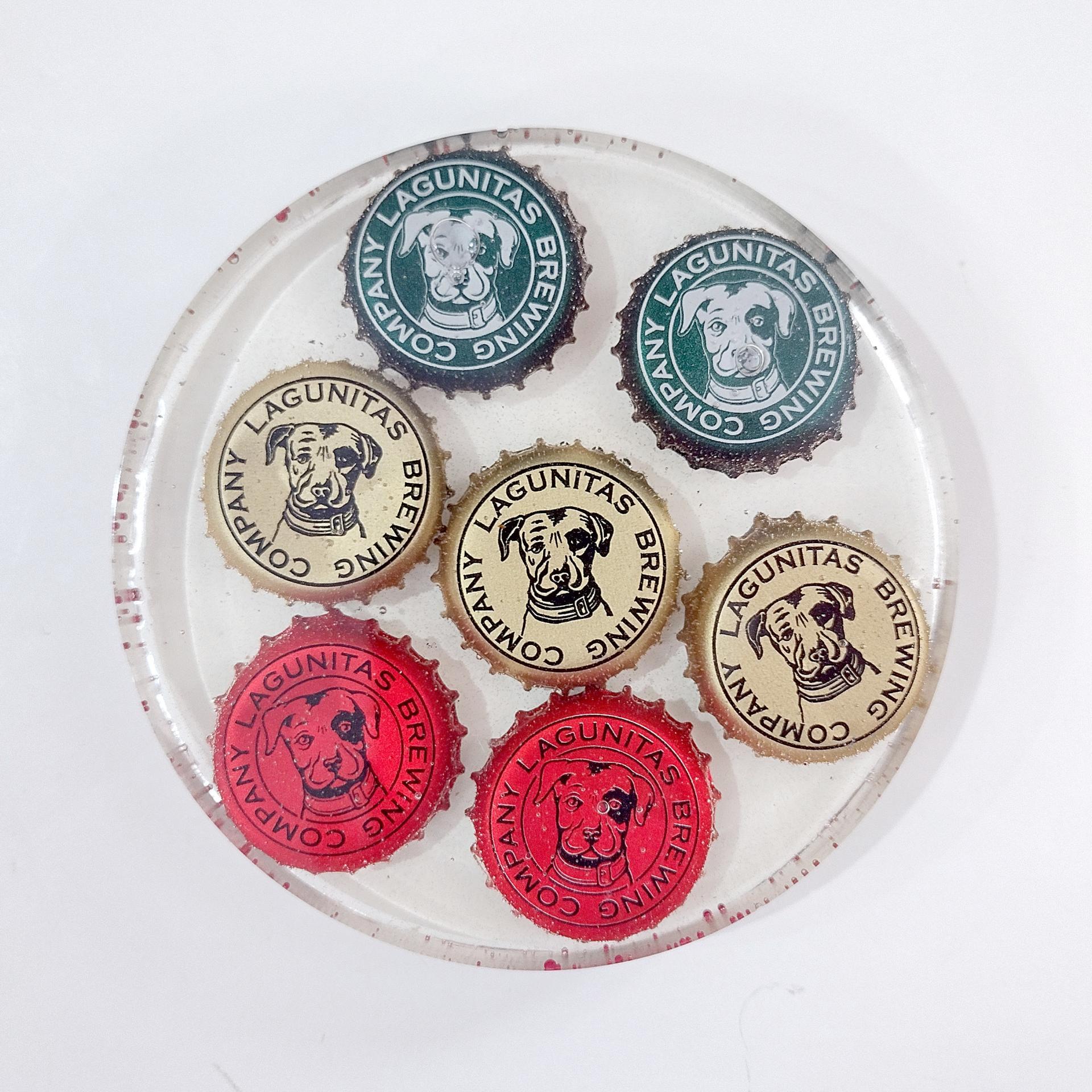 Vintage Lagunitas Brewing Company Bottle Cap Epoxy Resin Coasters, Set of Four, Multicolor Lagunitas Beer Dog Logo Bottlecaps