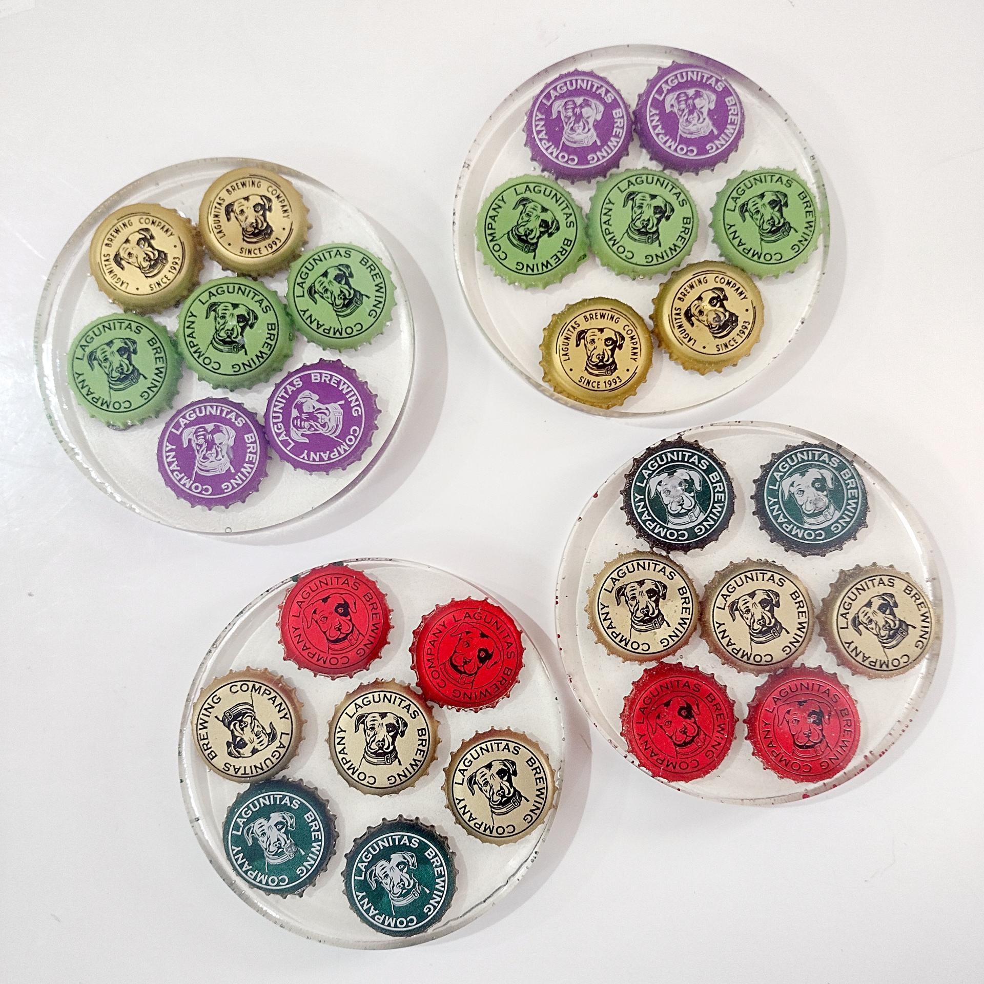Vintage Lagunitas Brewing Company Bottle Cap Epoxy Resin Coasters, Set of Four, Multicolor Lagunitas Beer Dog Logo Bottlecaps