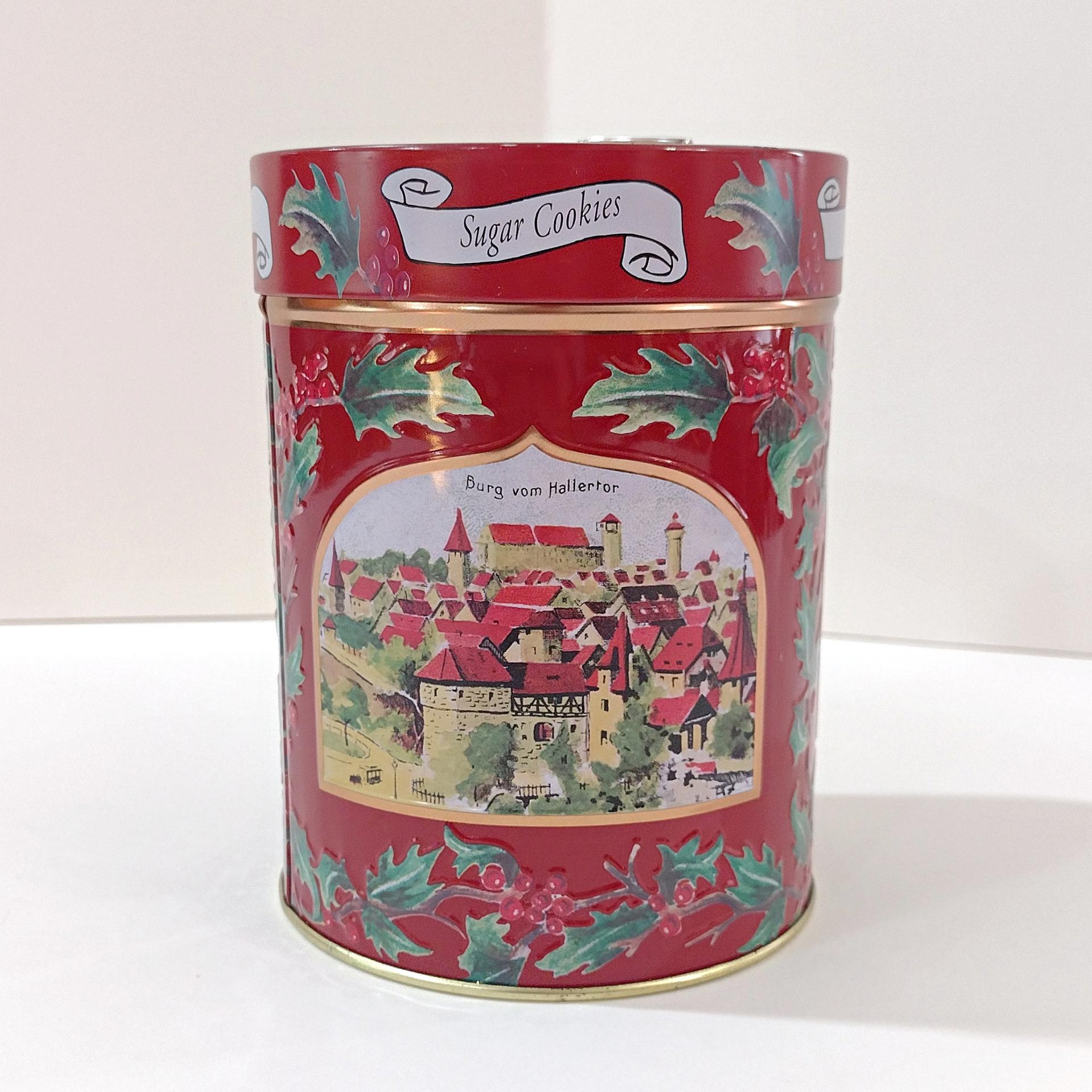 Vintage Lambertz Musical Sugar Cookie Holiday Cylinder Tin, German Jingle Bells Music Box Storage Tin