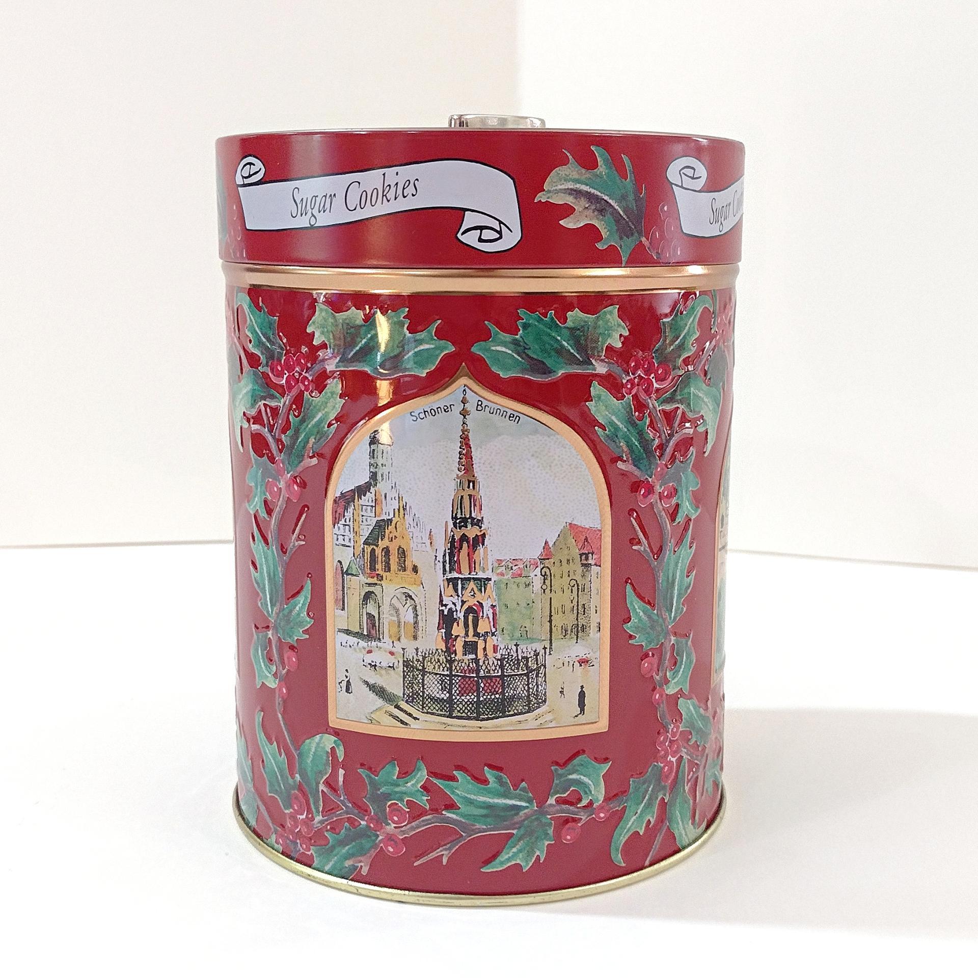 Vintage Lambertz Musical Sugar Cookie Holiday Cylinder Tin, German Jingle Bells Music Box Storage Tin